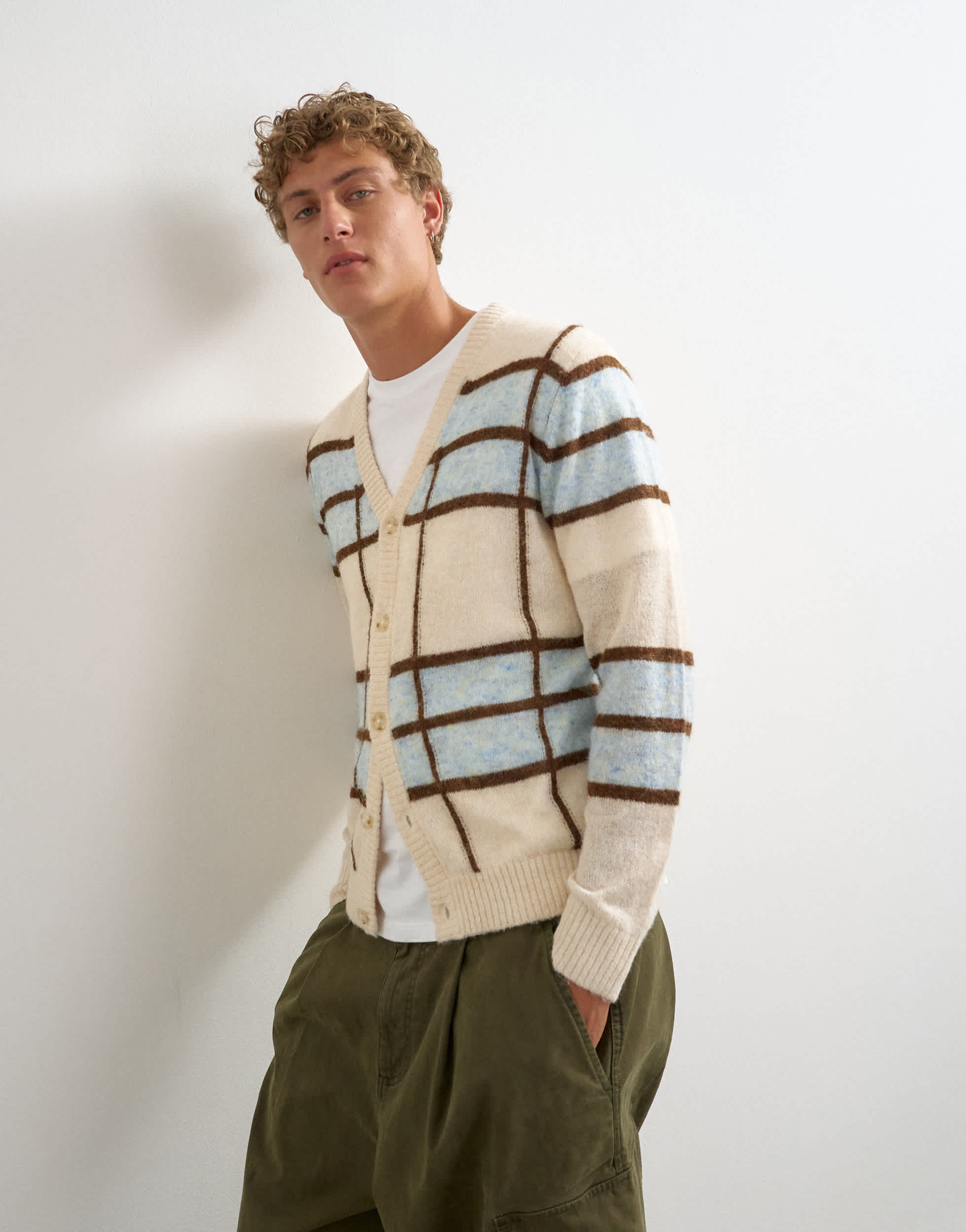 Topman classic fit sheer knit cardigan with check in ecru