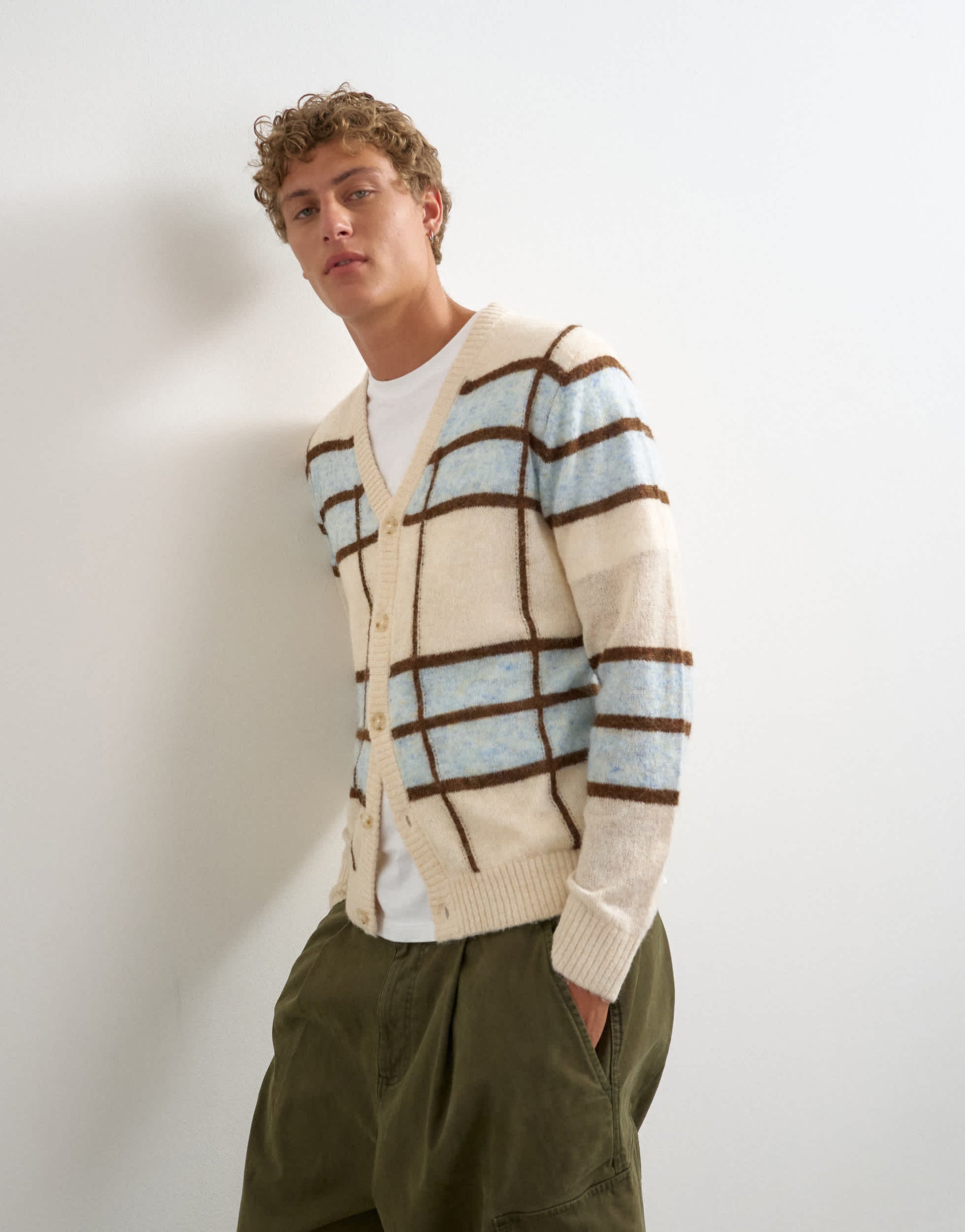 Topman classic fit sheer knit cardigan with check in ecru