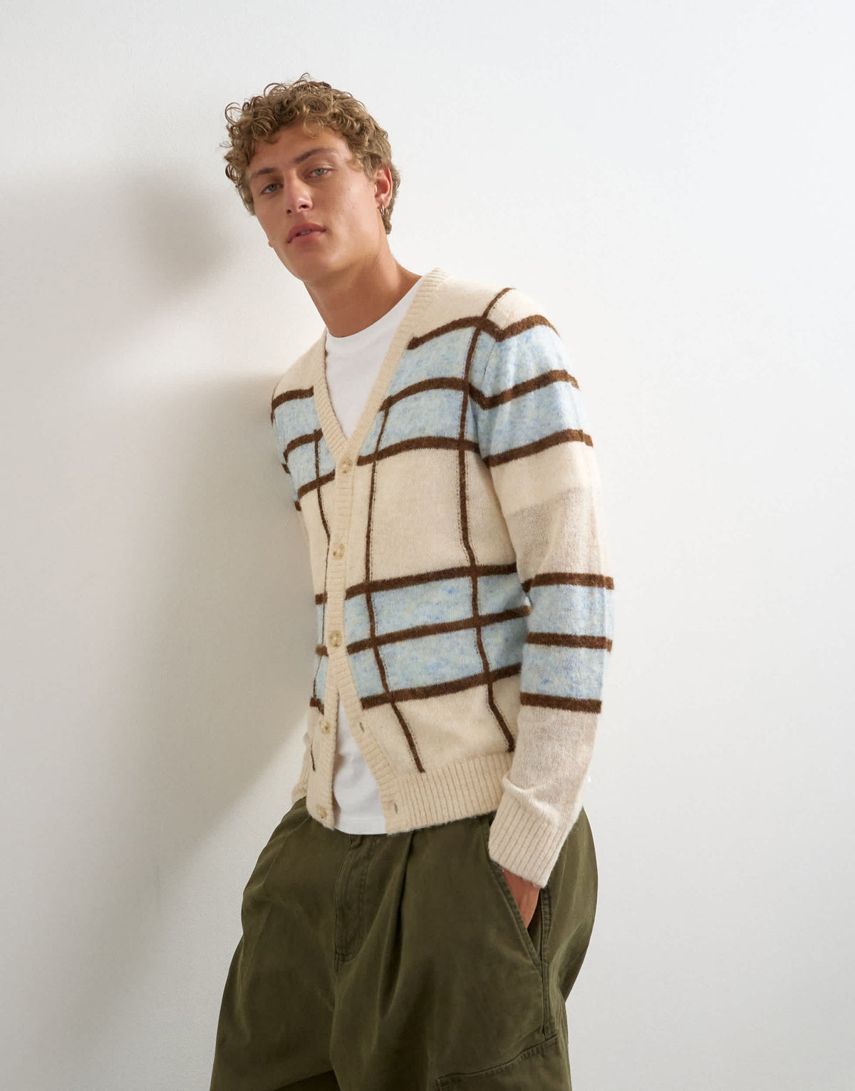 Topman classic fit sheer knit cardigan with check in ecru
