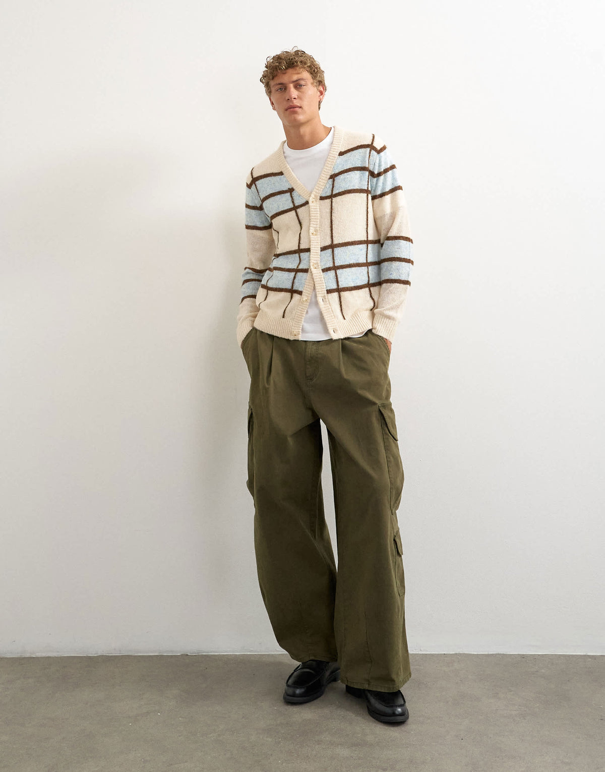 Topman classic fit sheer knit cardigan with check in ecru