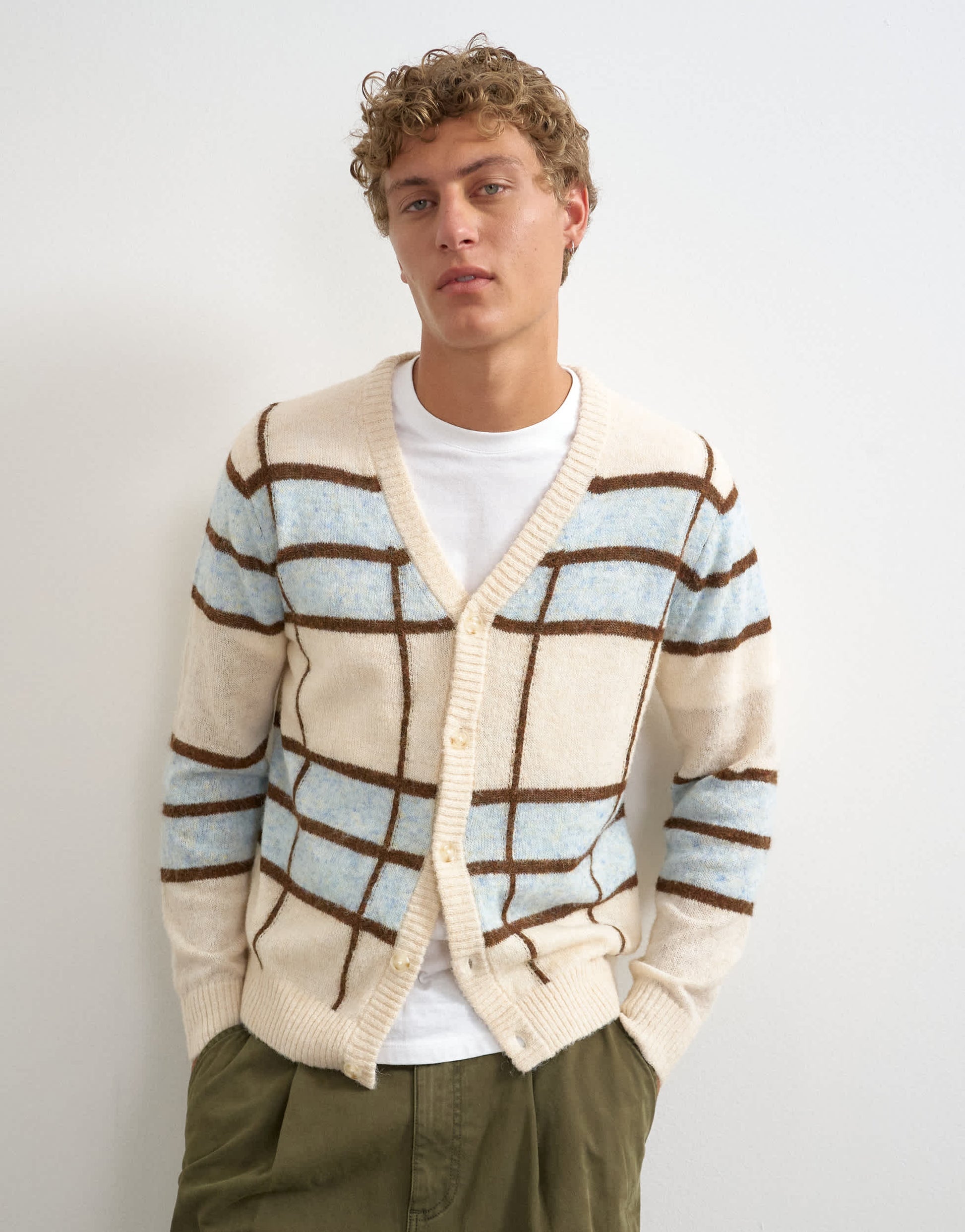 Topman classic fit sheer knit cardigan with check in ecru