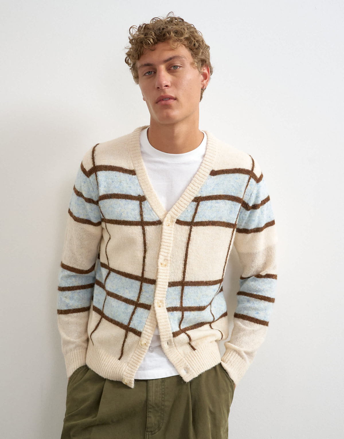 Topman classic fit sheer knit cardigan with check in ecru