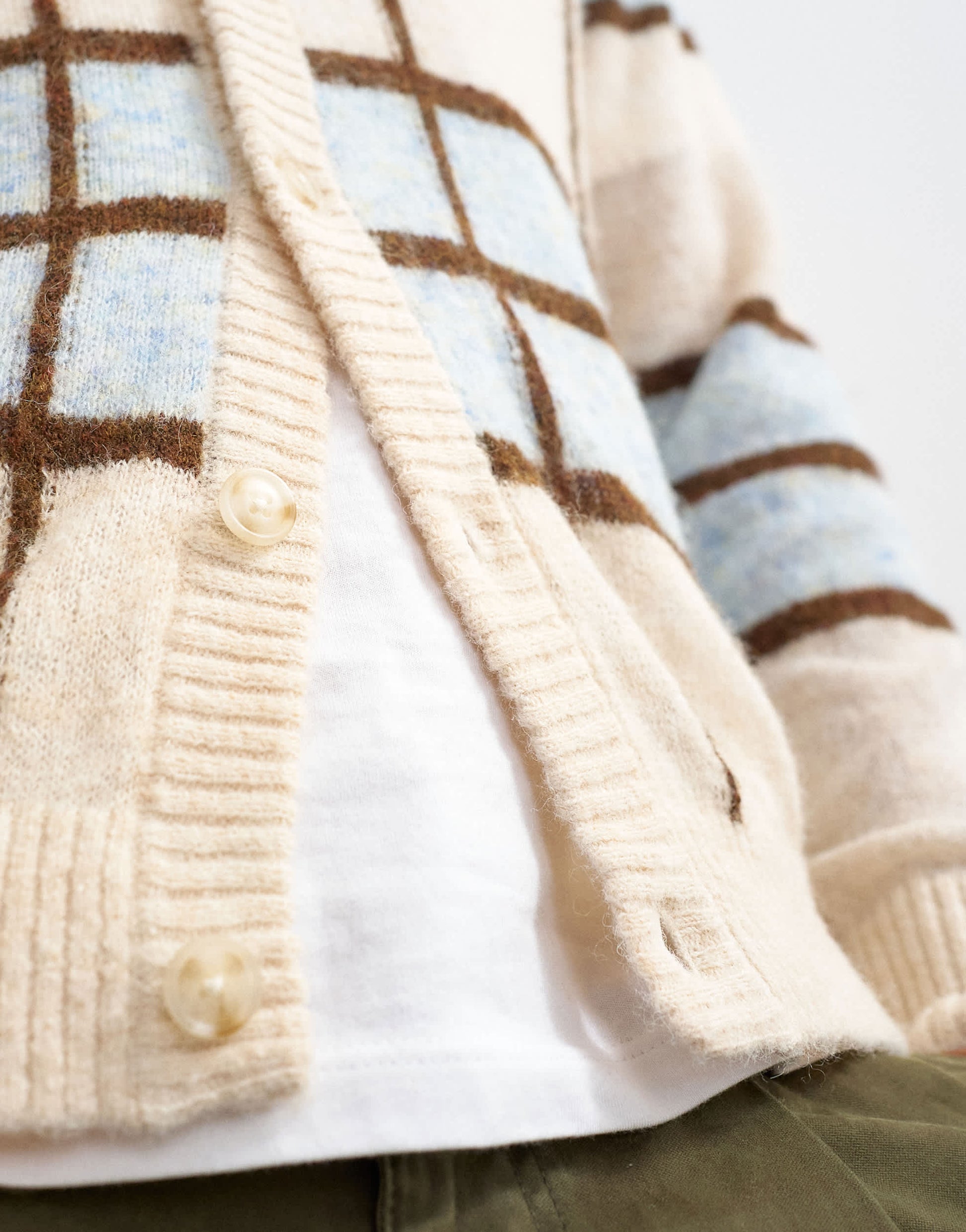 Topman classic fit sheer knit cardigan with check in ecru