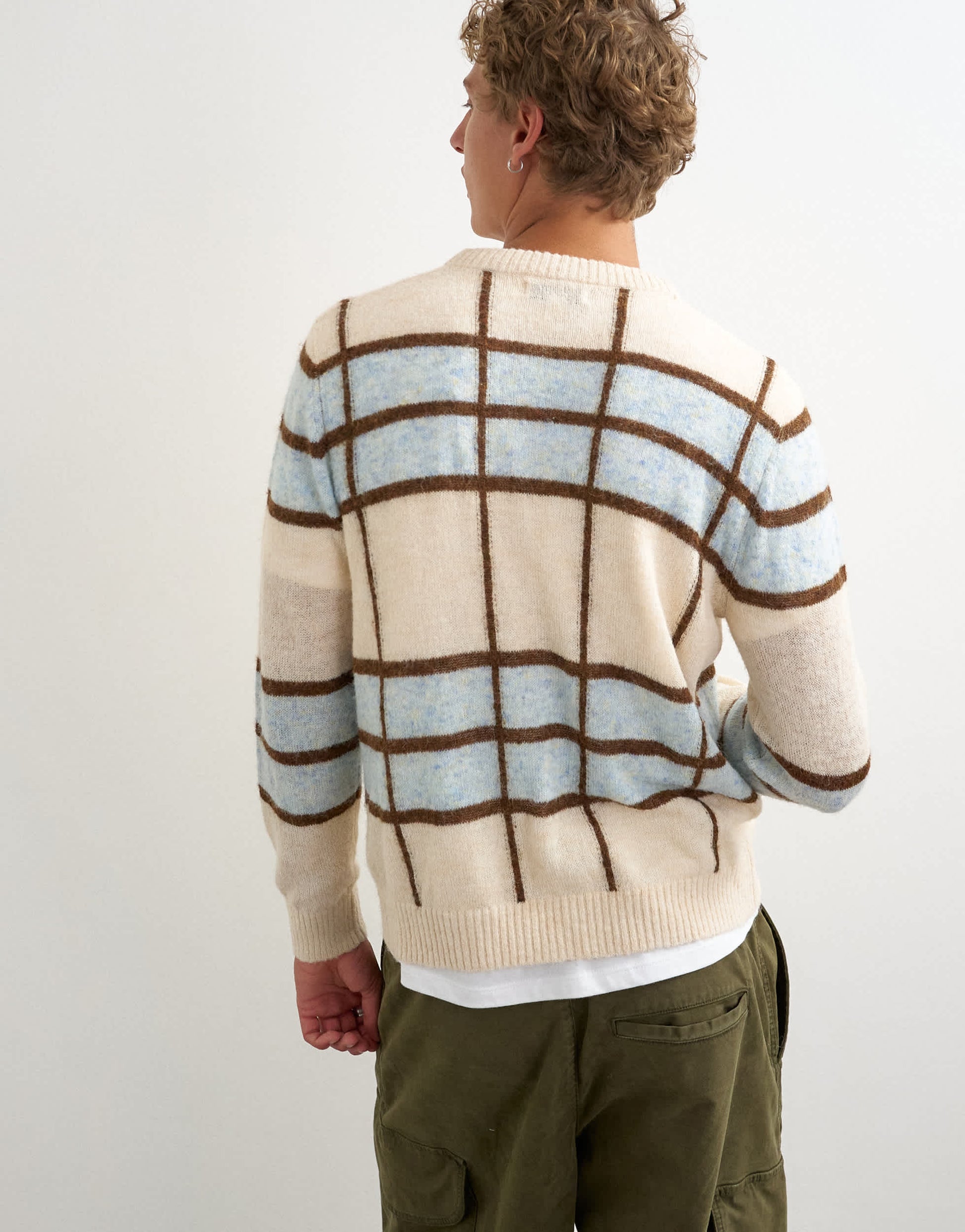 Topman classic fit sheer knit cardigan with check in ecru