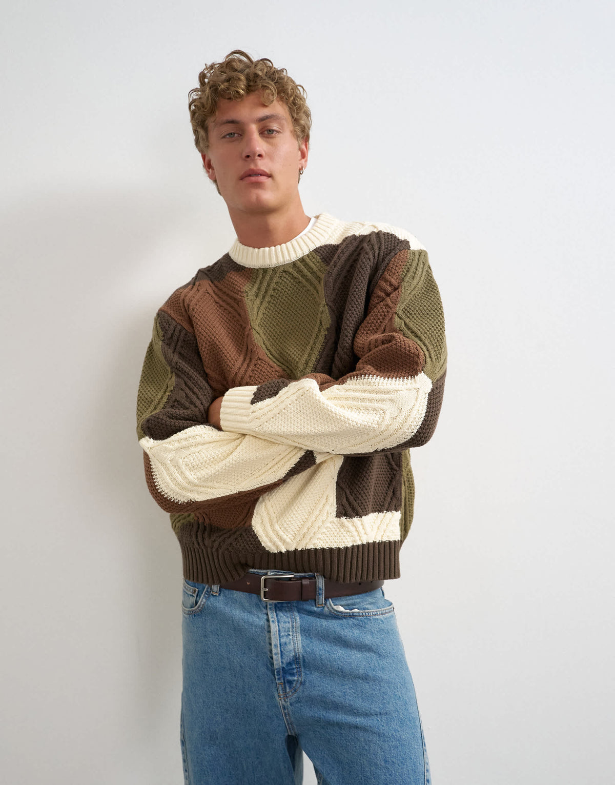 Topman relaxed fit diamond cable knit jumper with camo design in multi