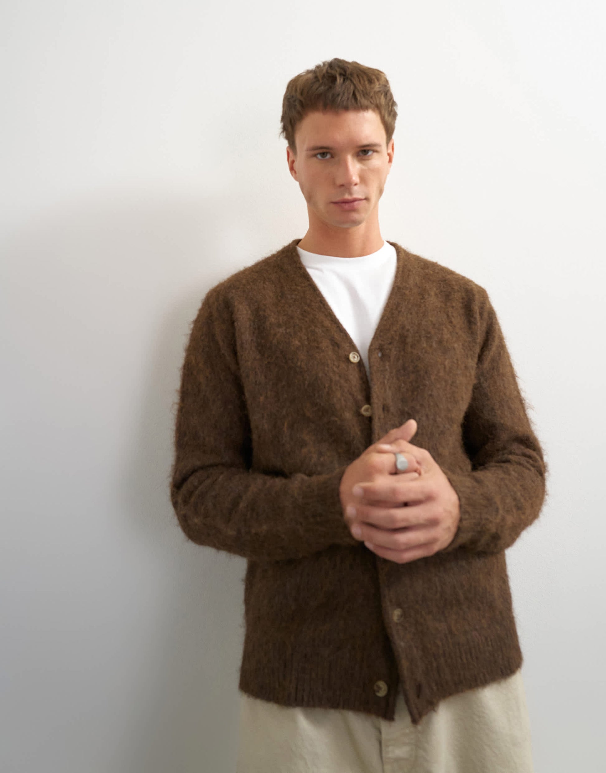Topman classic fit brushed knitted cardigan in brown