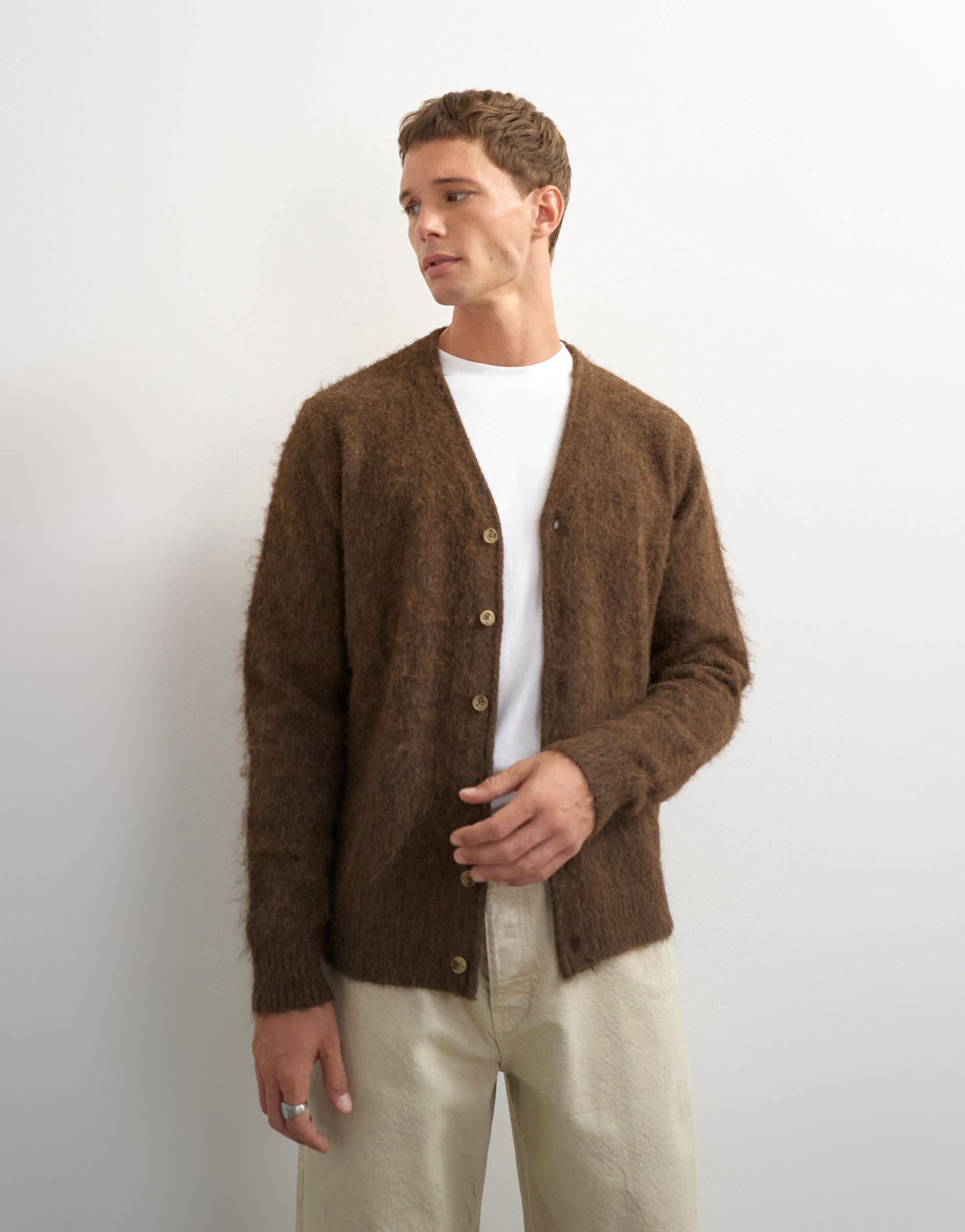 Topman classic fit brushed knitted cardigan in brown