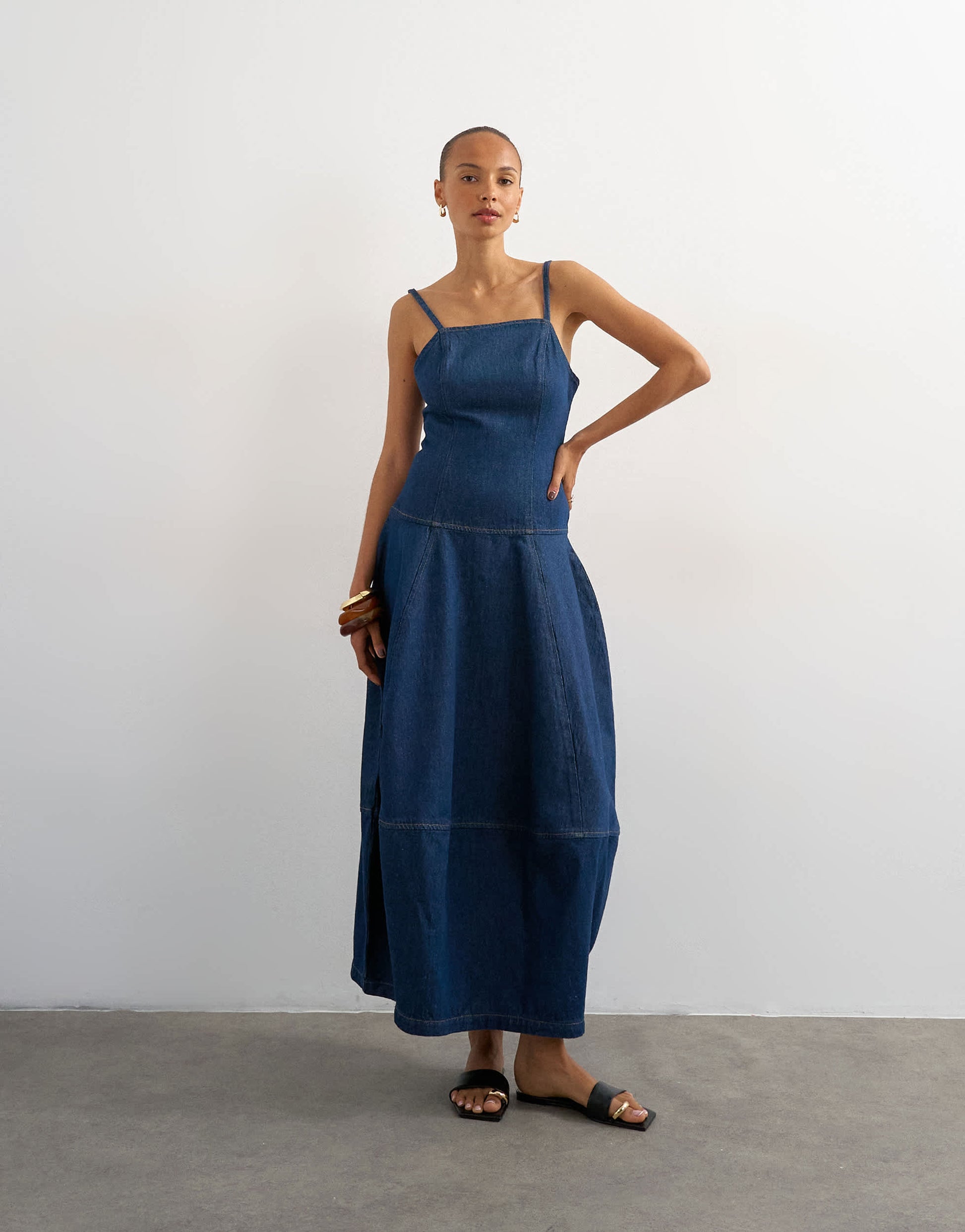 Topshop denim barrel maxi dress in indigo rinse