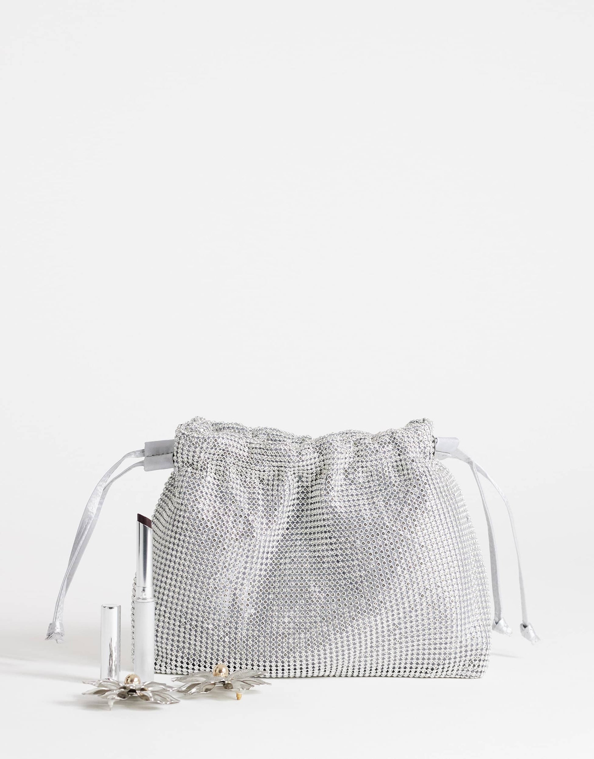 Topshop Seleena small diamante drawstring clutch bag in silver