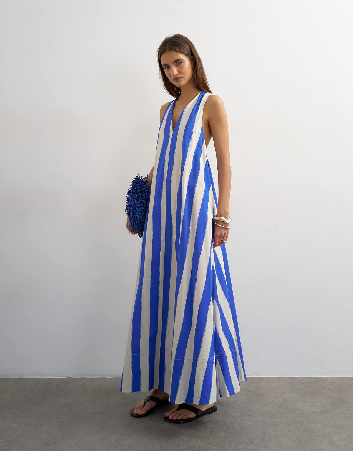 Topshop halter deep hem maxi trapeze dress in blue stripe