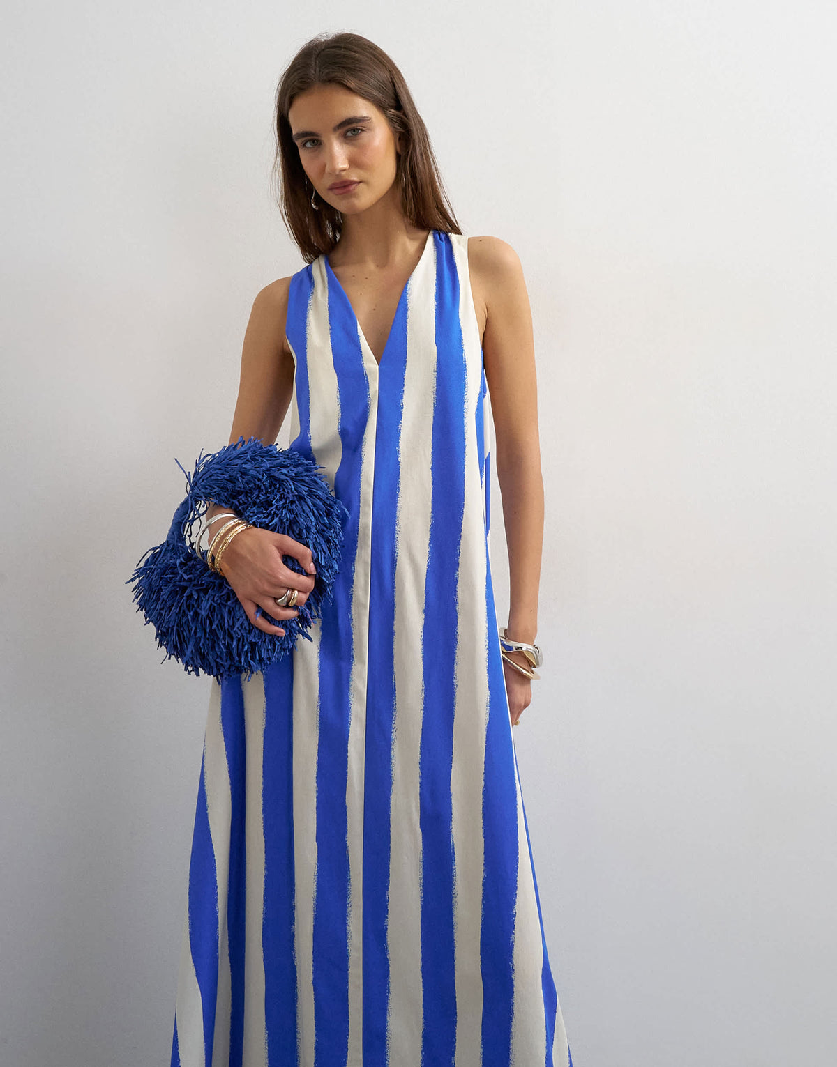 Topshop halter deep hem maxi trapeze dress in blue stripe