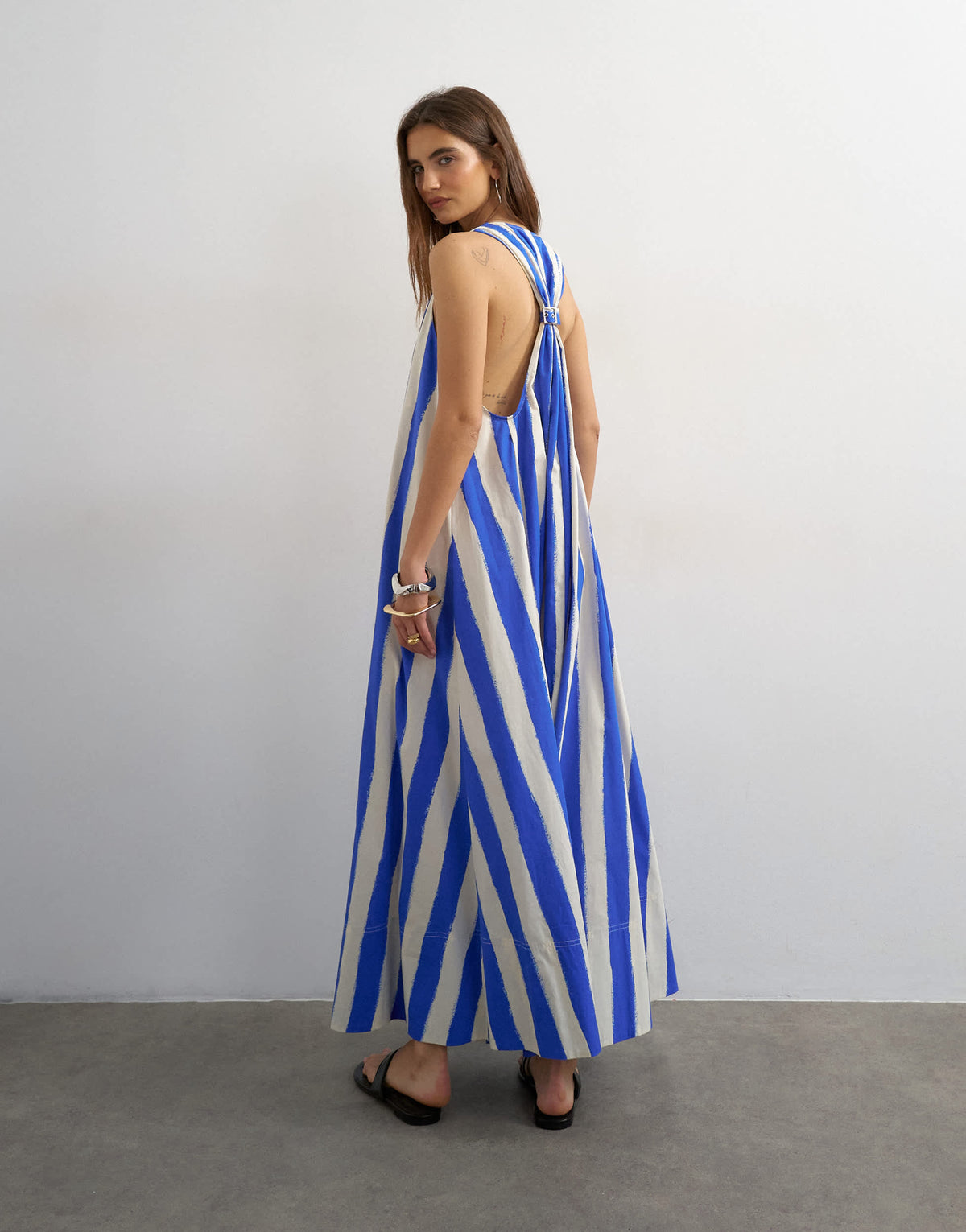 Topshop halter deep hem maxi trapeze dress in blue stripe