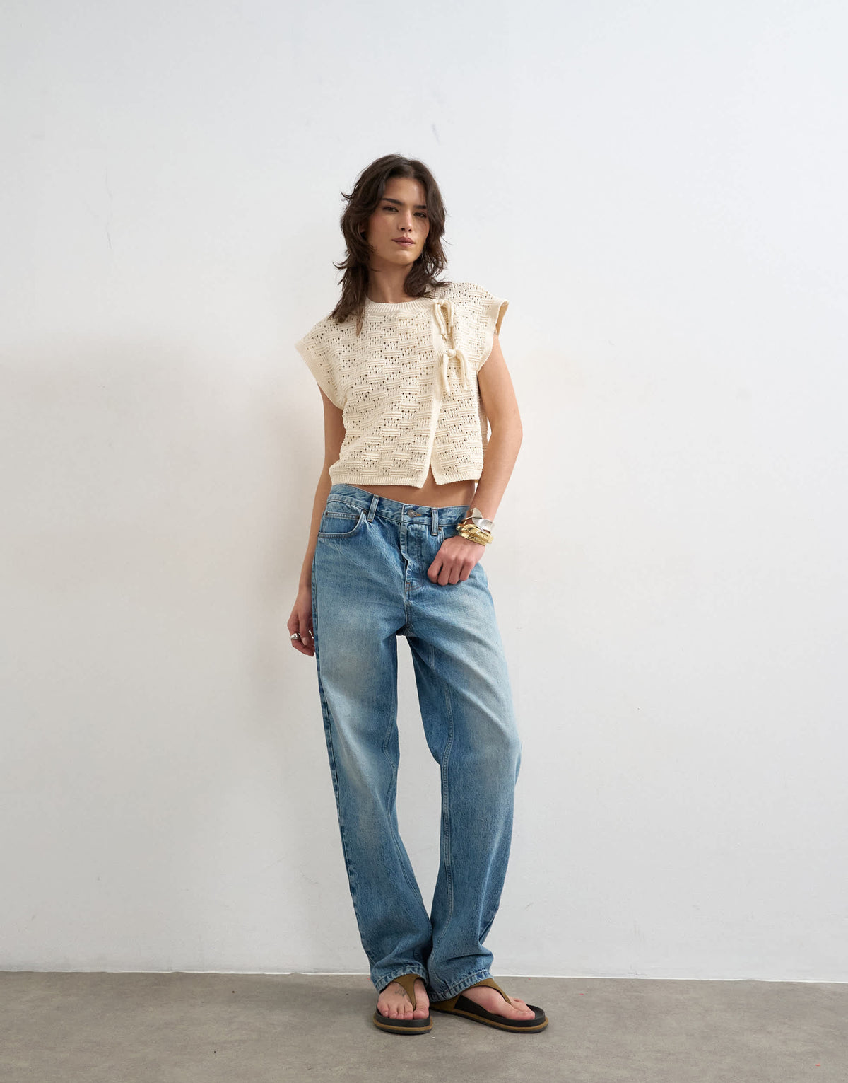 Topshop knitted sleeveless mandarin collar front tie wrap tank in ecru