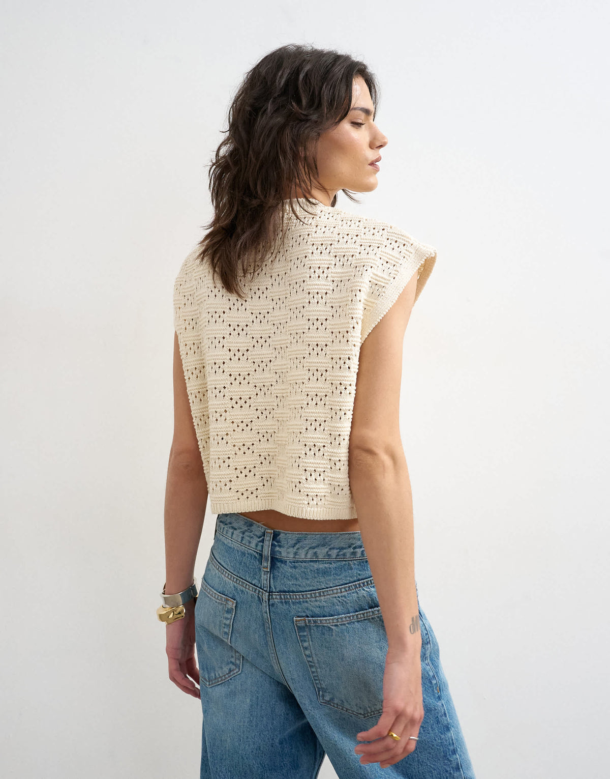 Topshop knitted sleeveless mandarin collar front tie wrap tank in ecru