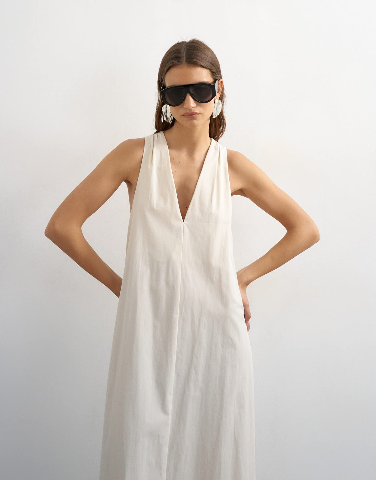 Topshop poplin halter deep hem maxi trapeze dress in off white