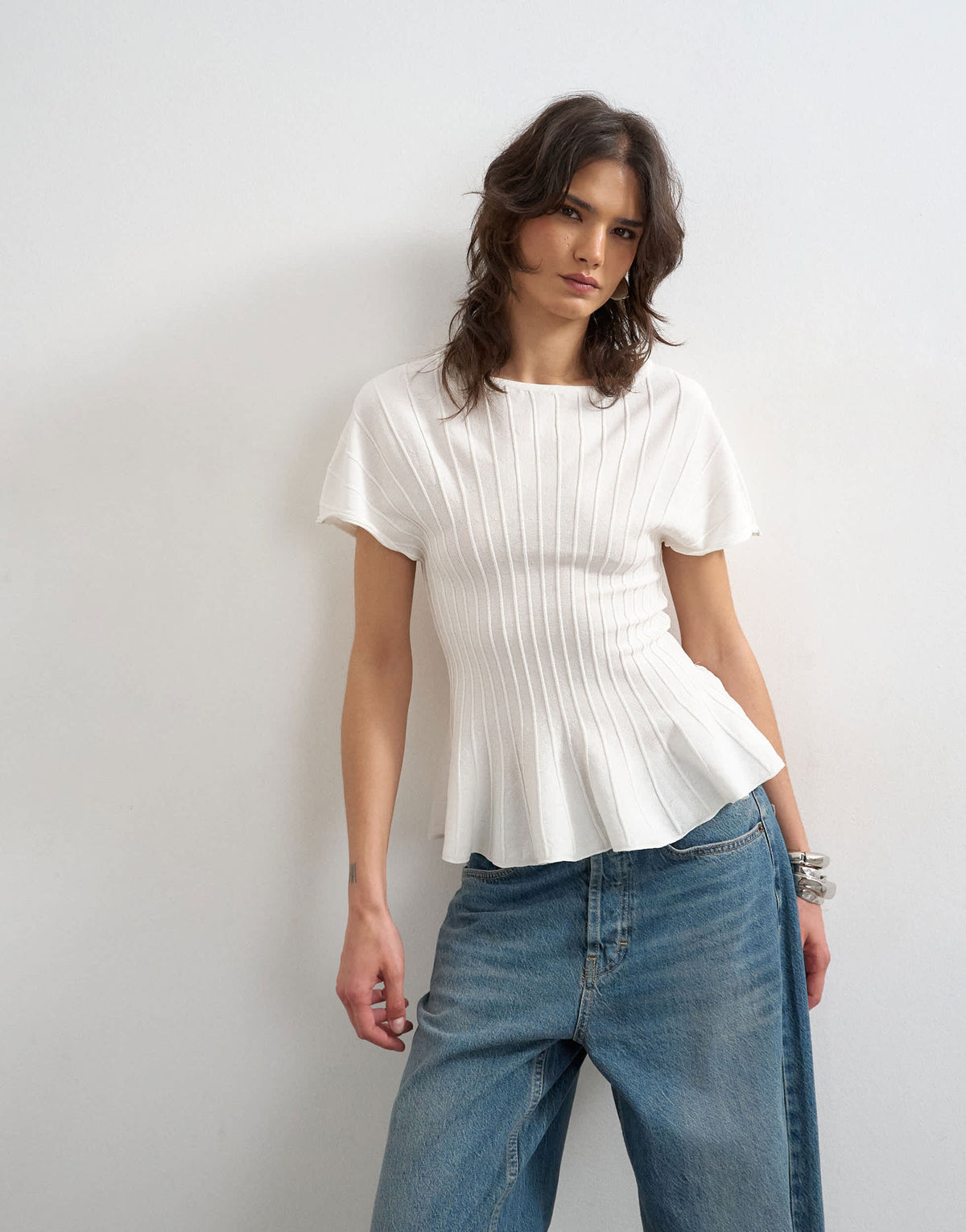 Topshop knitted grown on short sleeve peplum top in ivory