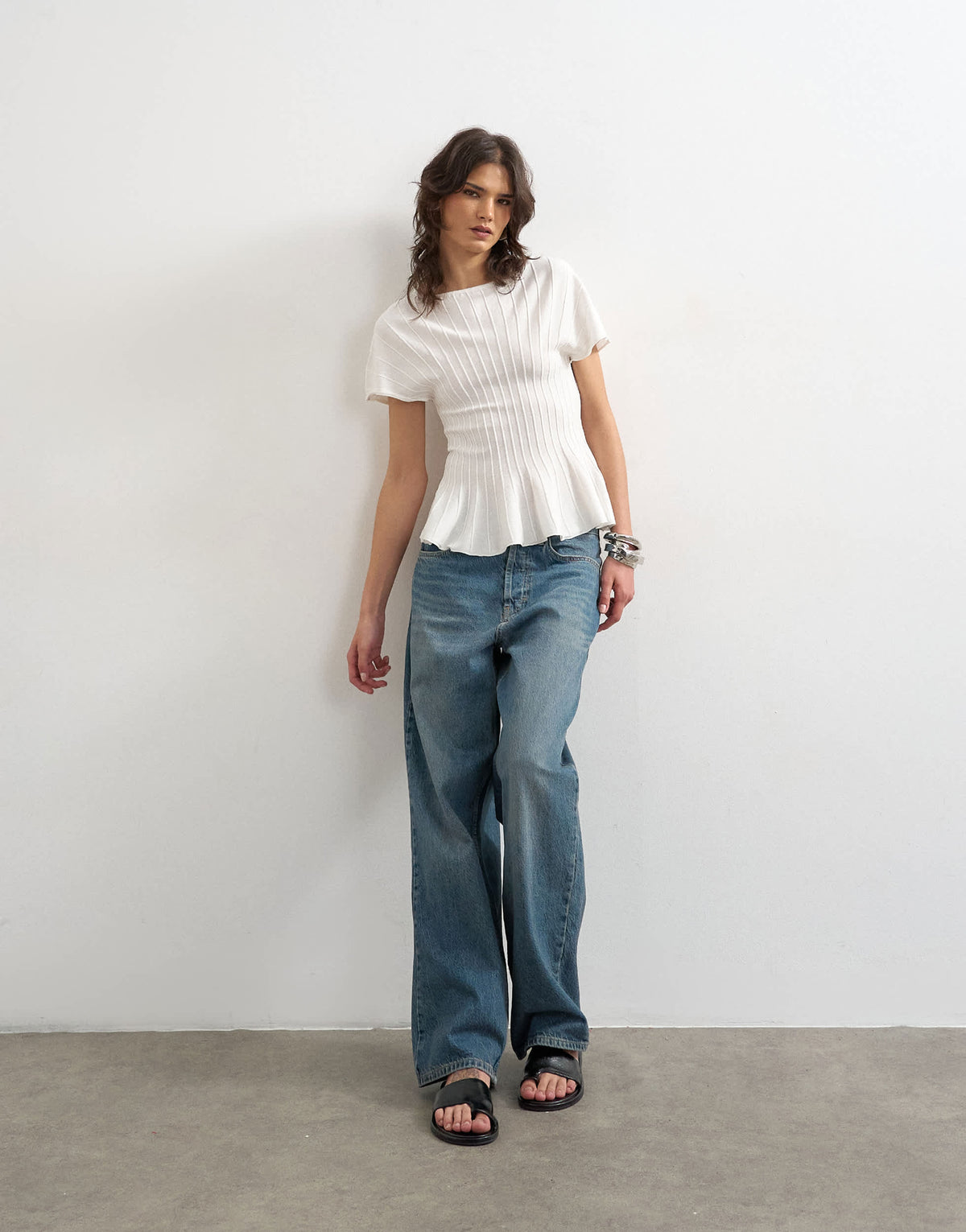 Topshop knitted grown on short sleeve peplum top in ivory