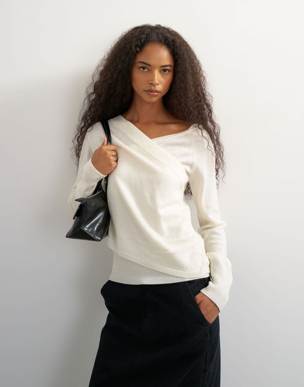 Topshop knitted long sleeve wool blend v neck drapey top in ivory