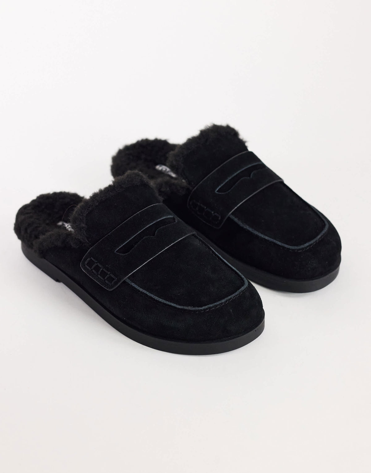 Topshop Addie real suede mule loafer with shearling in black