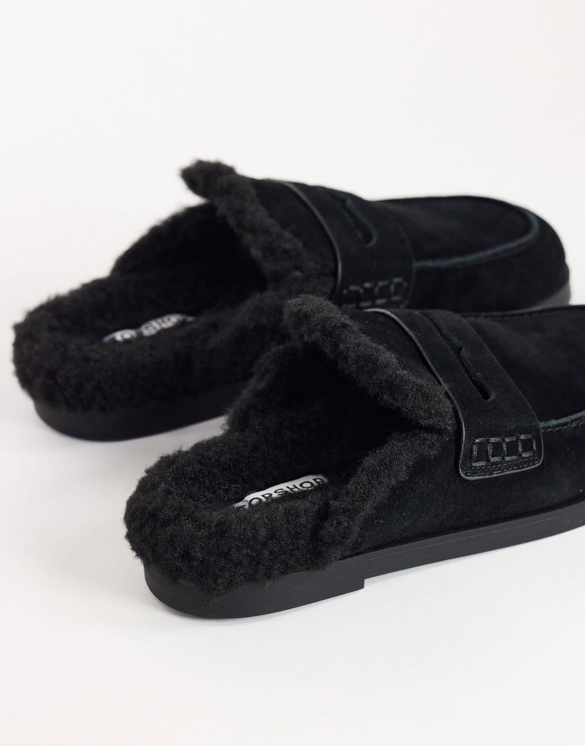 Topshop Addie real suede mule loafer with shearling in black
