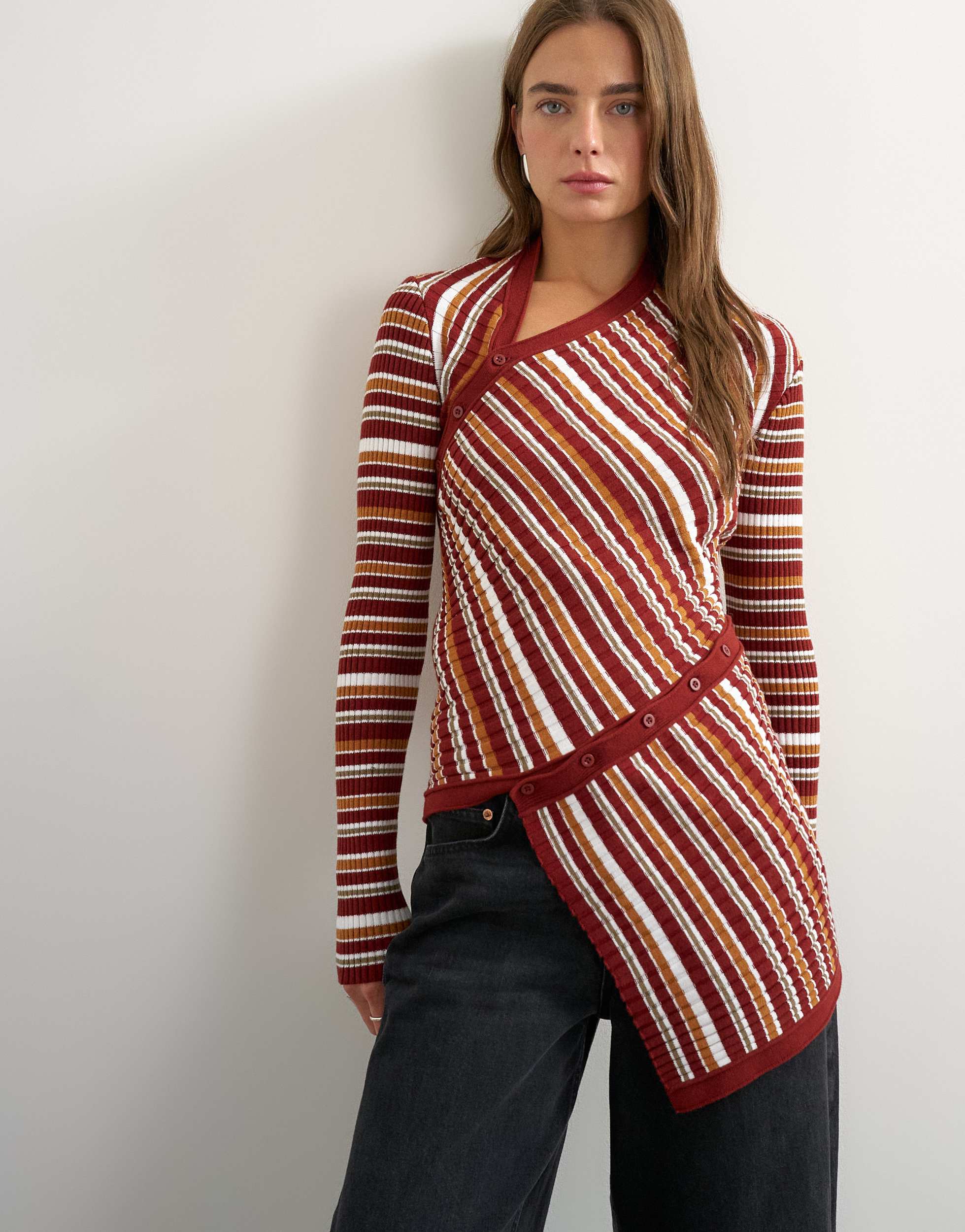Topshop knitted asymmetric longline ribbed stripe top in red