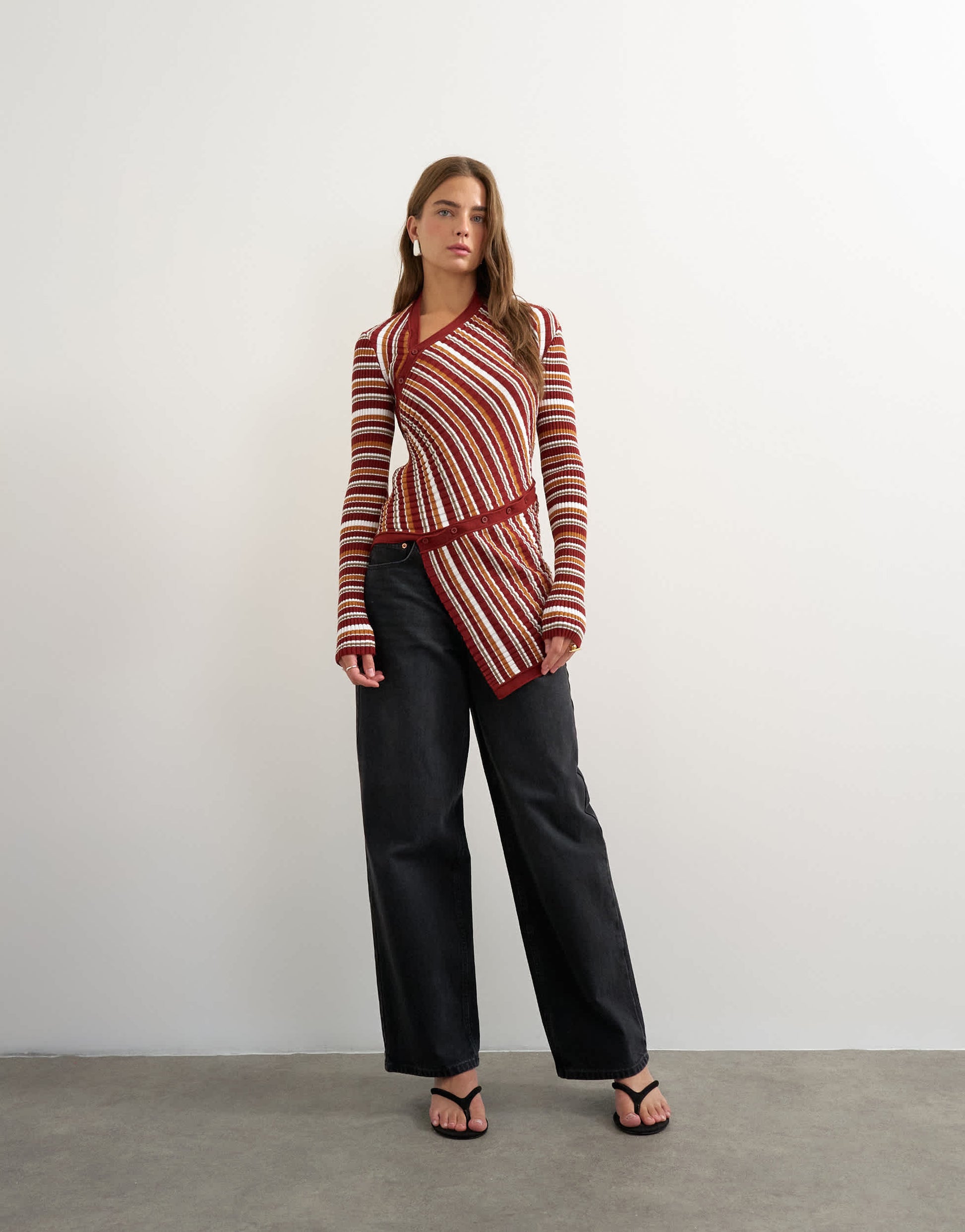 Topshop knitted asymmetric longline ribbed stripe top in red