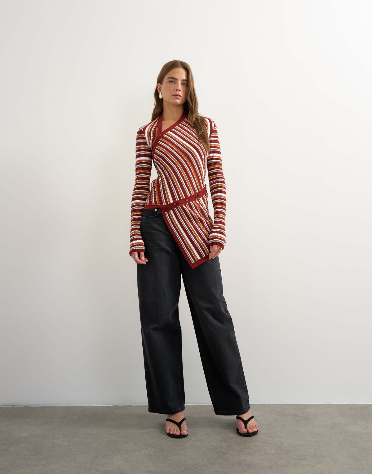 Topshop knitted asymmetric longline ribbed stripe top in red
