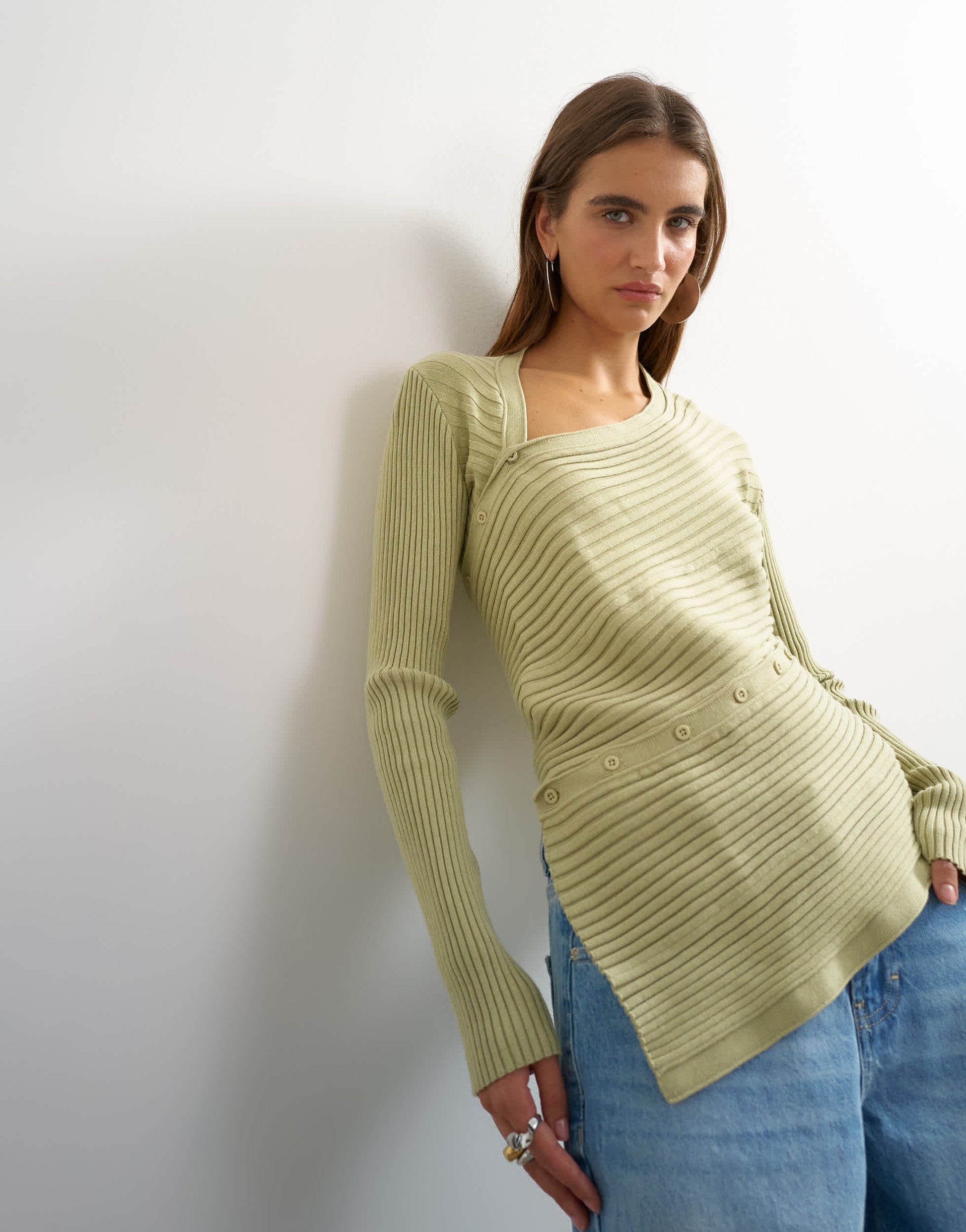 Topshop knitted asymmetric longline ribbed top in pistachio