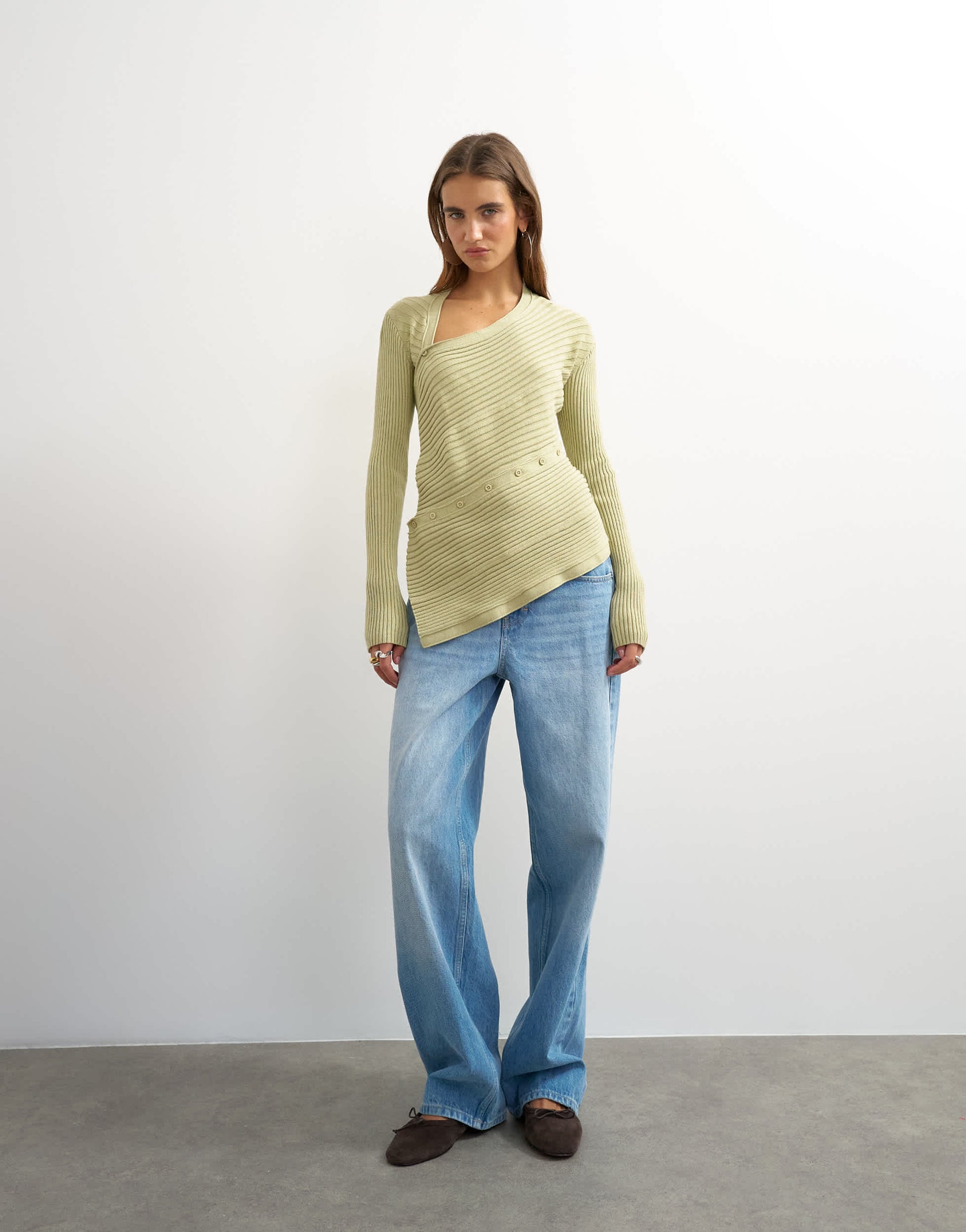 Topshop knitted asymmetric longline ribbed top in pistachio