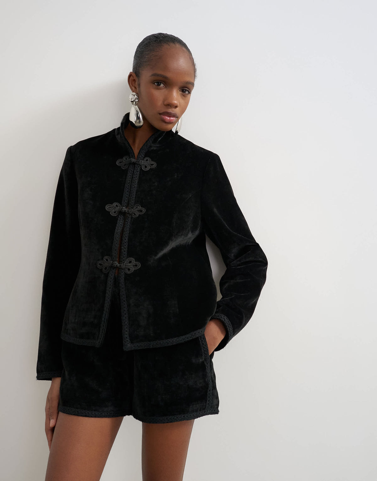Topshop co-ord velvet knot detail jacket with nero collar in black