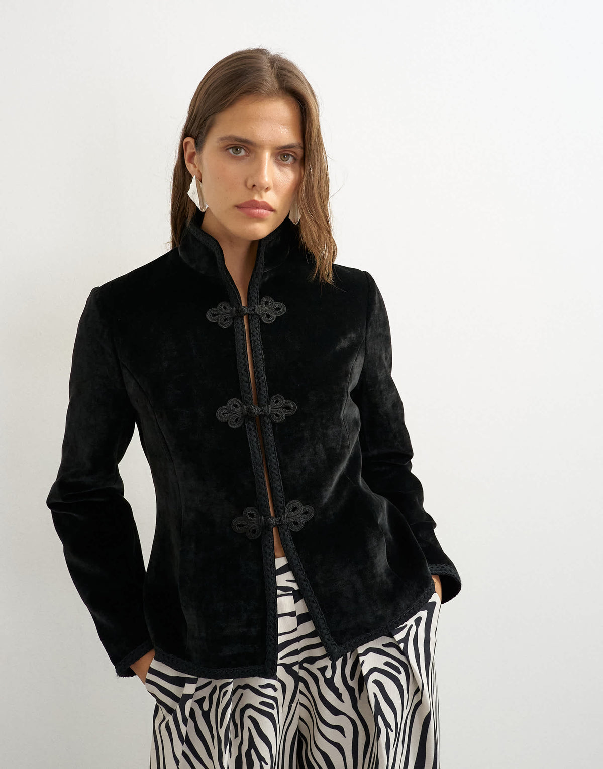Topshop co-ord velvet knot detail jacket with nero collar in black