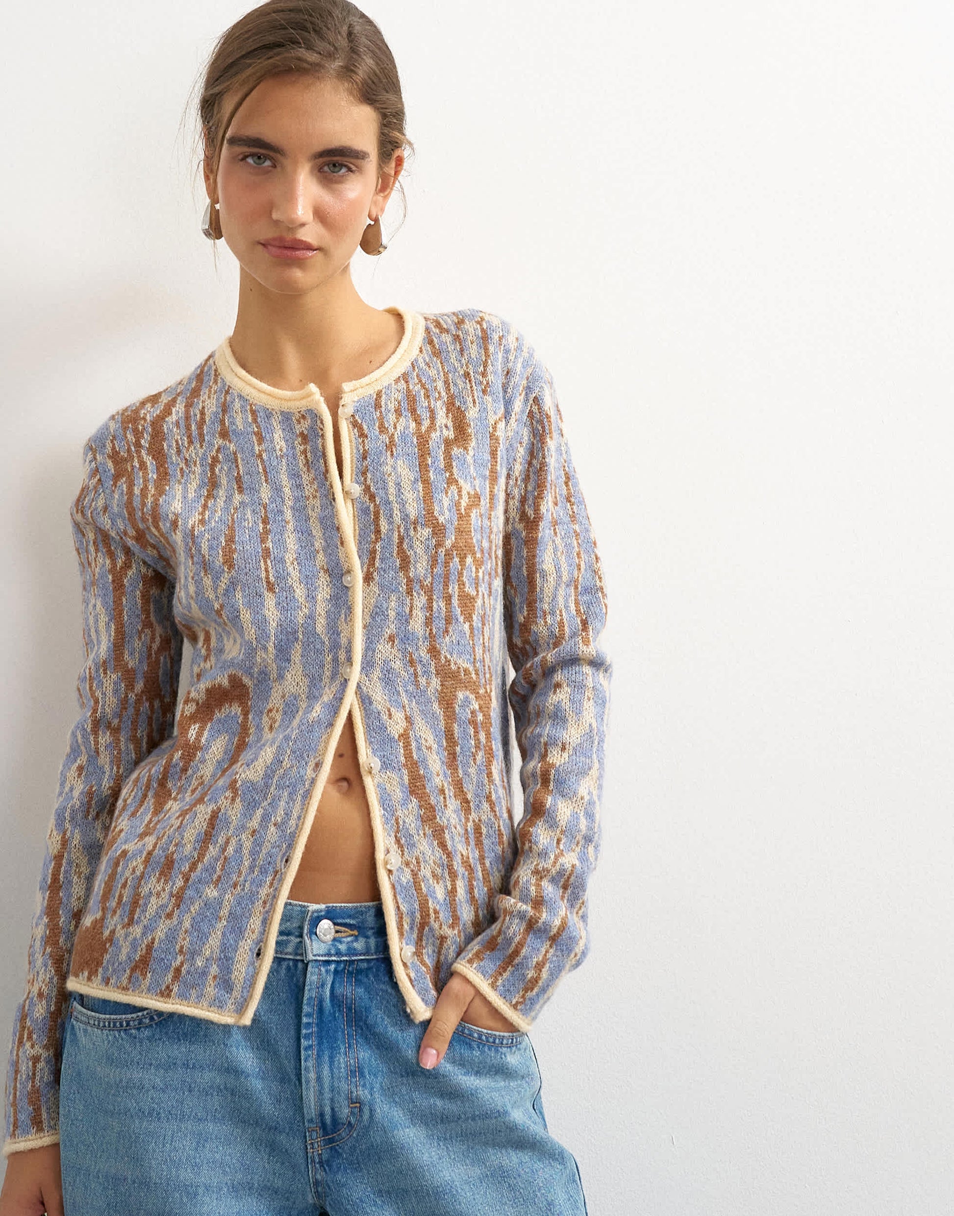 Topshop knitted brushed animal cardigan with wool and mohair in brown and blue