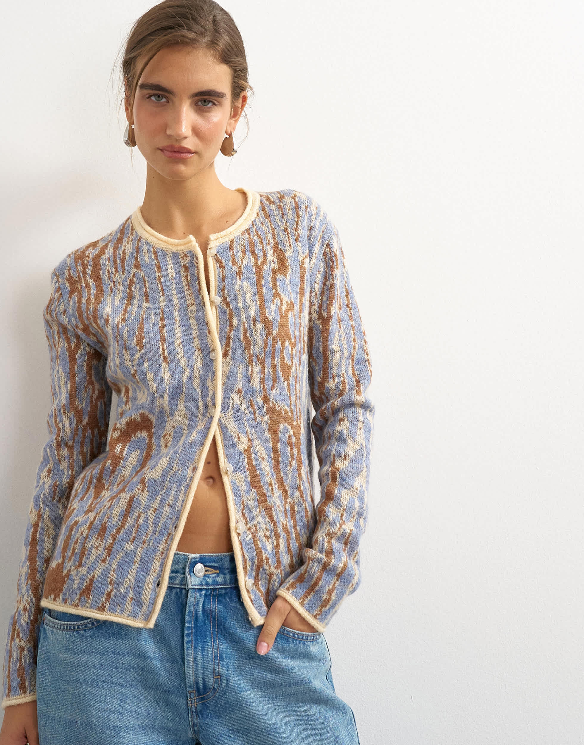 Topshop knitted brushed animal cardigan with wool and mohair in brown and blue