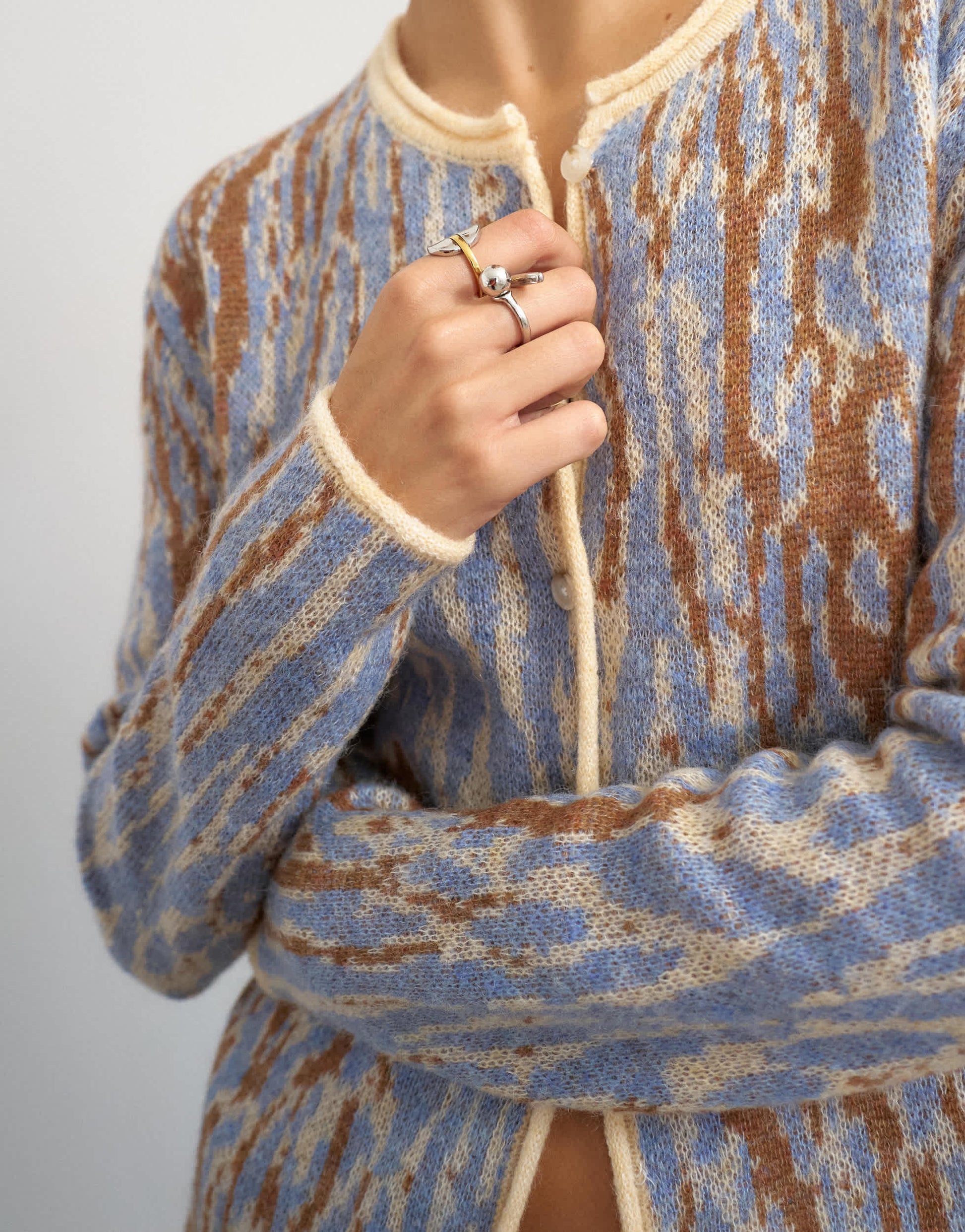 Topshop knitted brushed animal cardigan with wool and mohair in brown and blue