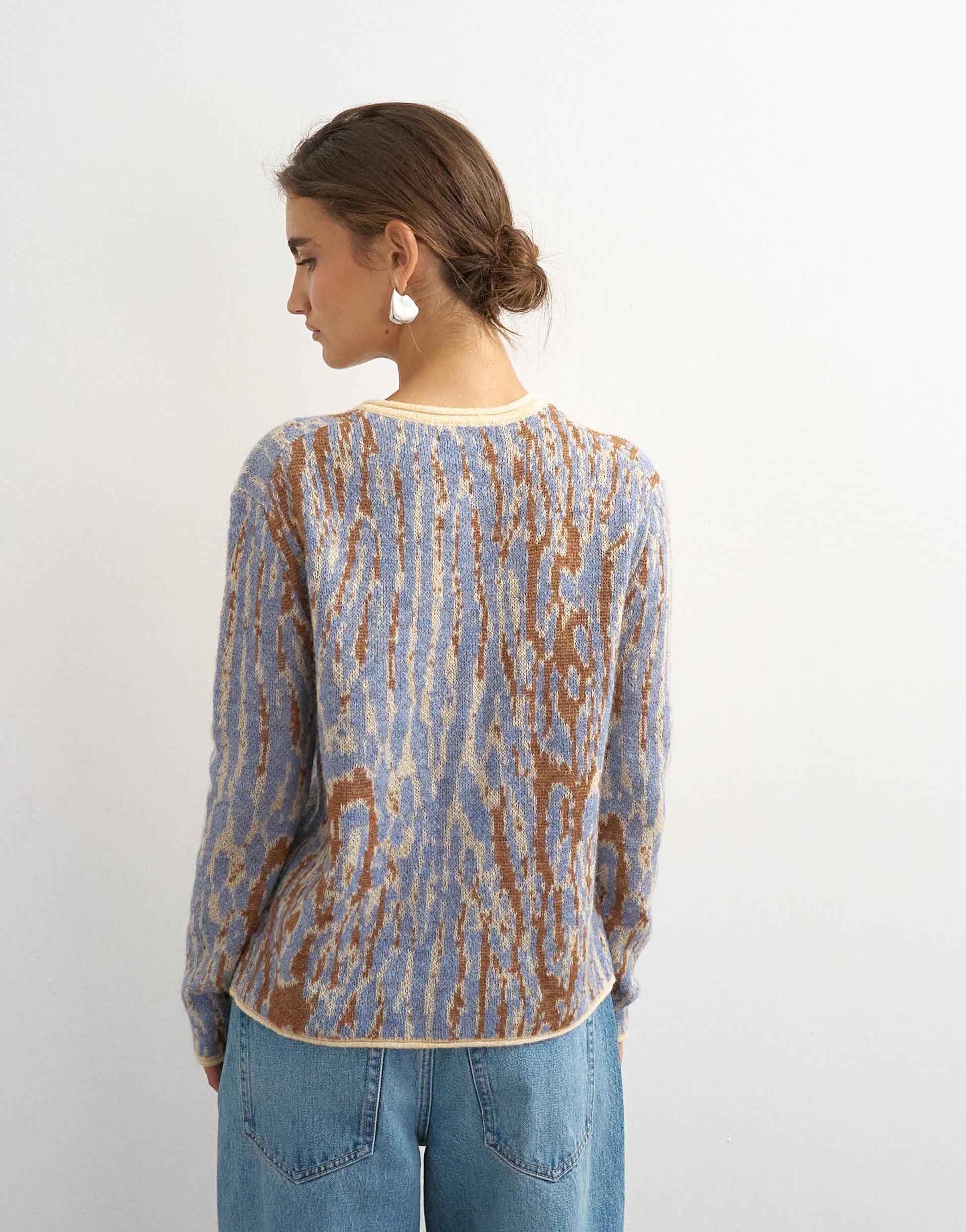Topshop knitted brushed animal cardigan with wool and mohair in brown and blue