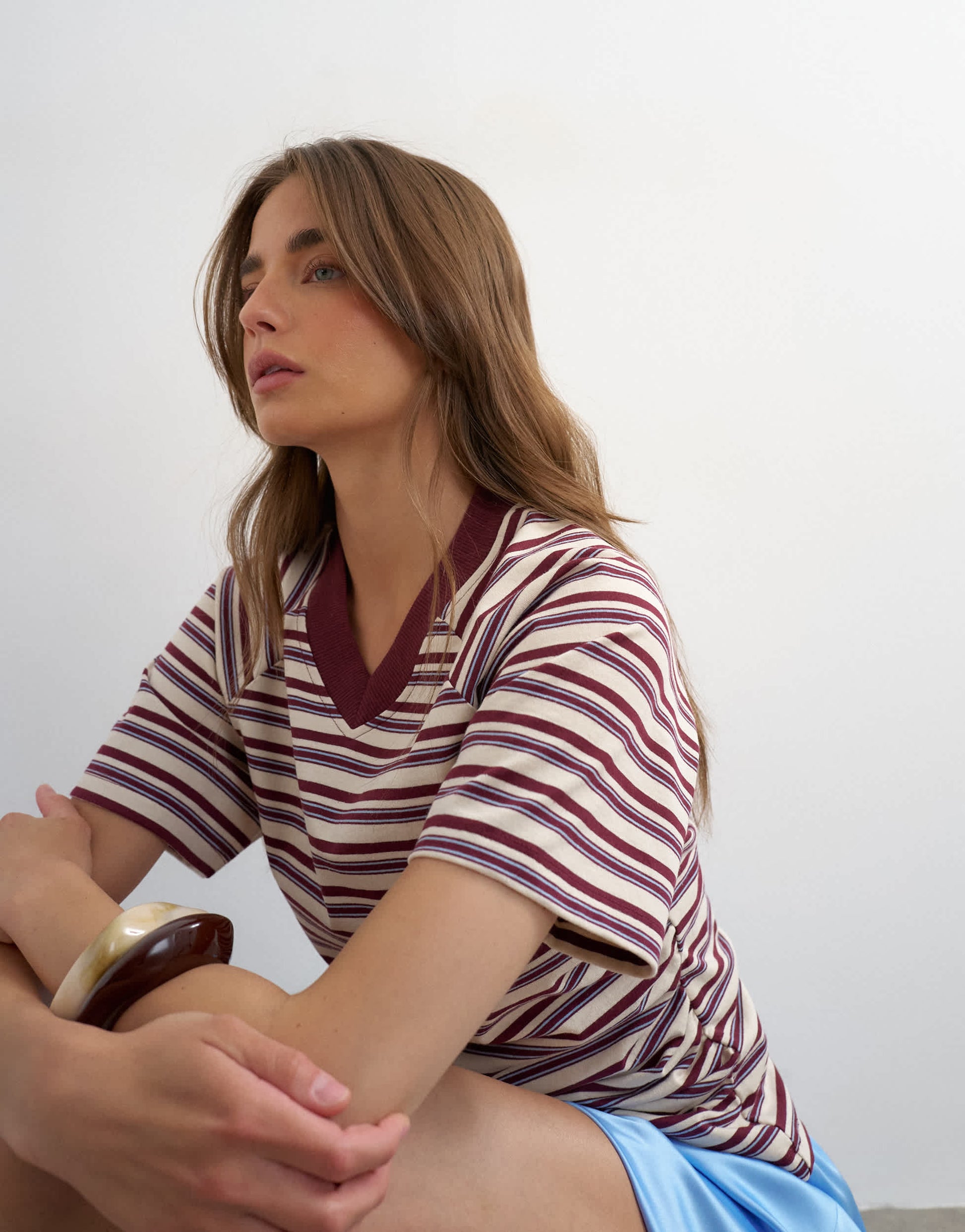 Topshop micro v-neck ruched side tee in stripe