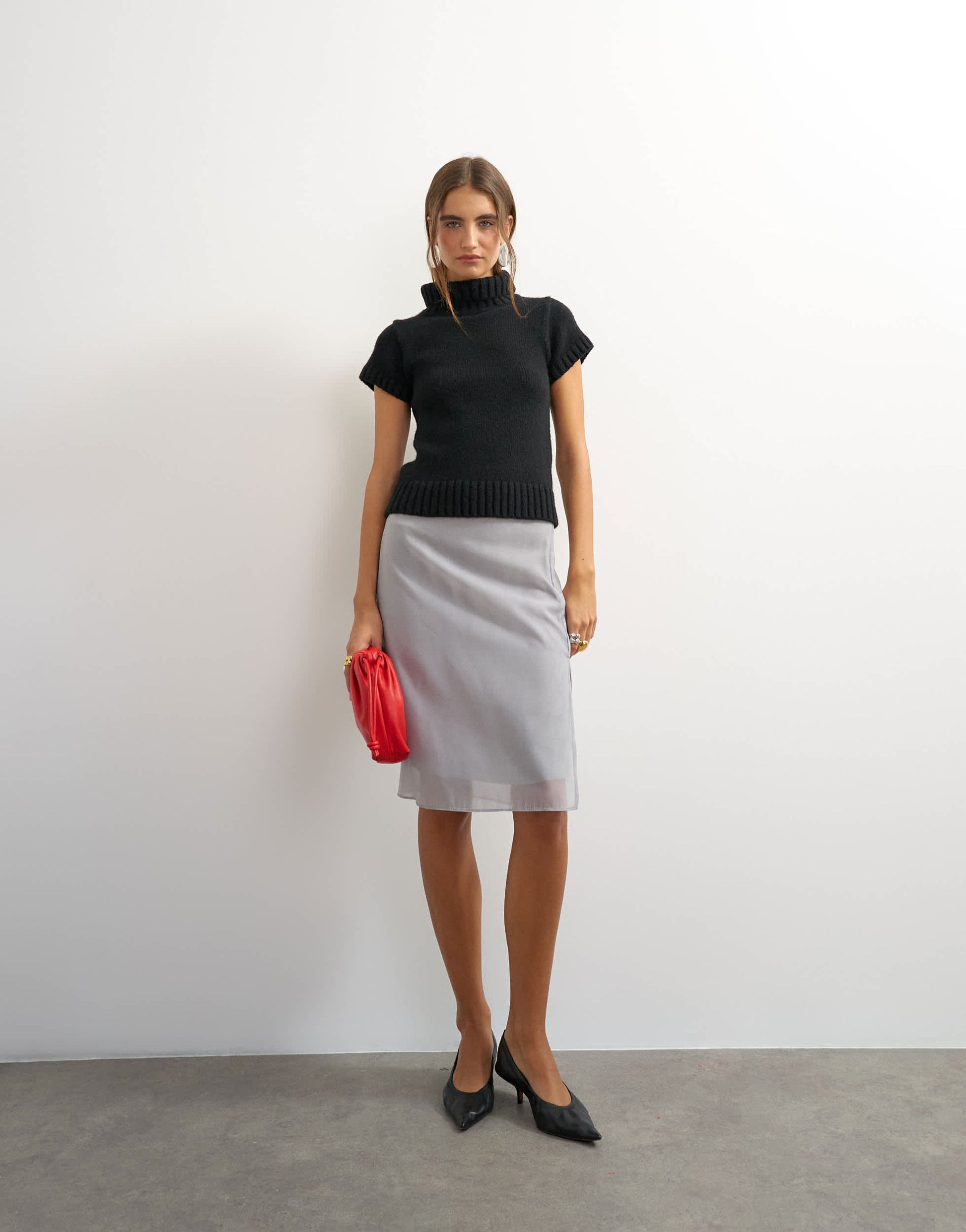 Topshop knitted ribbed funnel neck chunky short sleeve top in black