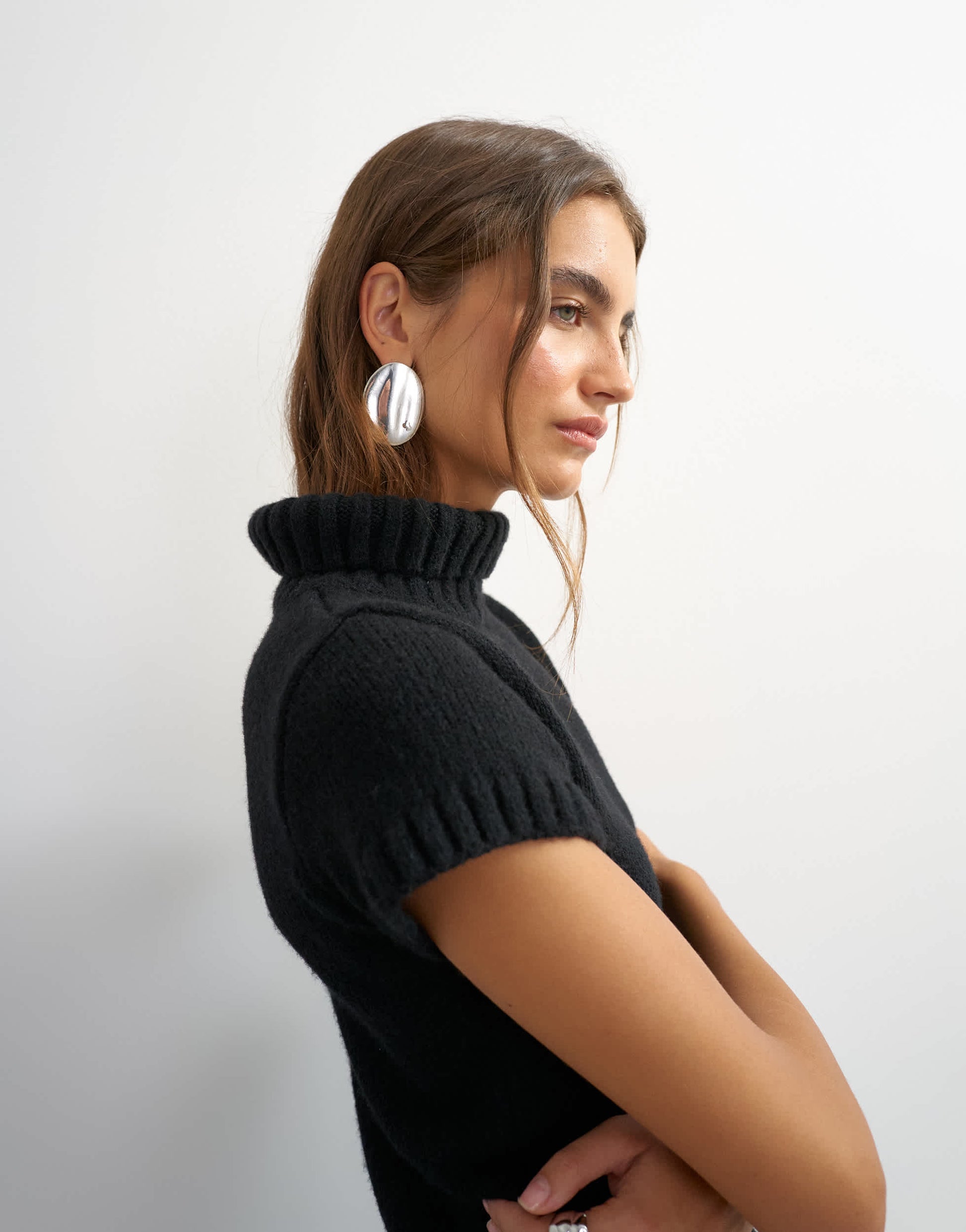 Topshop knitted ribbed funnel neck chunky short sleeve top in black