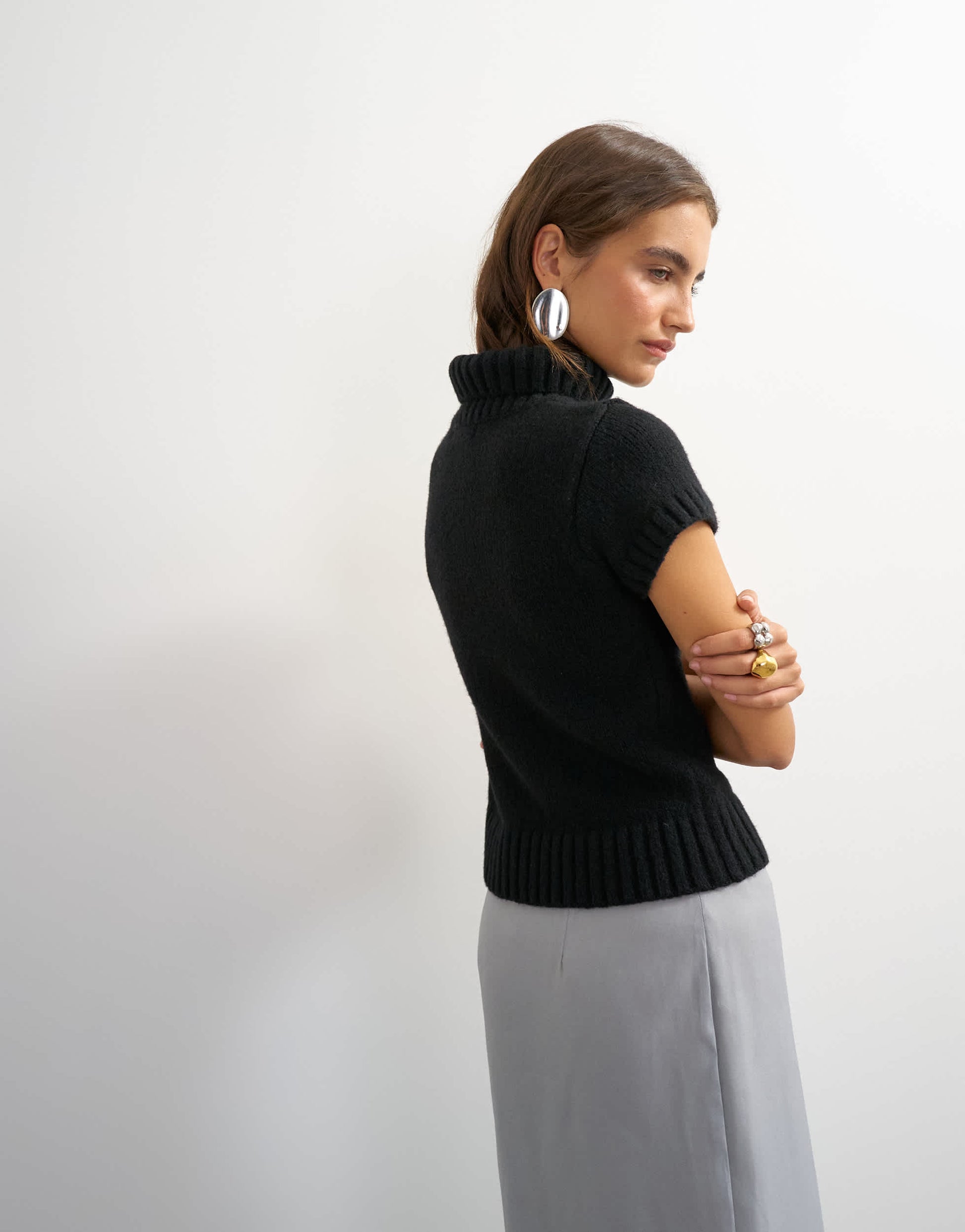 Topshop knitted ribbed funnel neck chunky short sleeve top in black