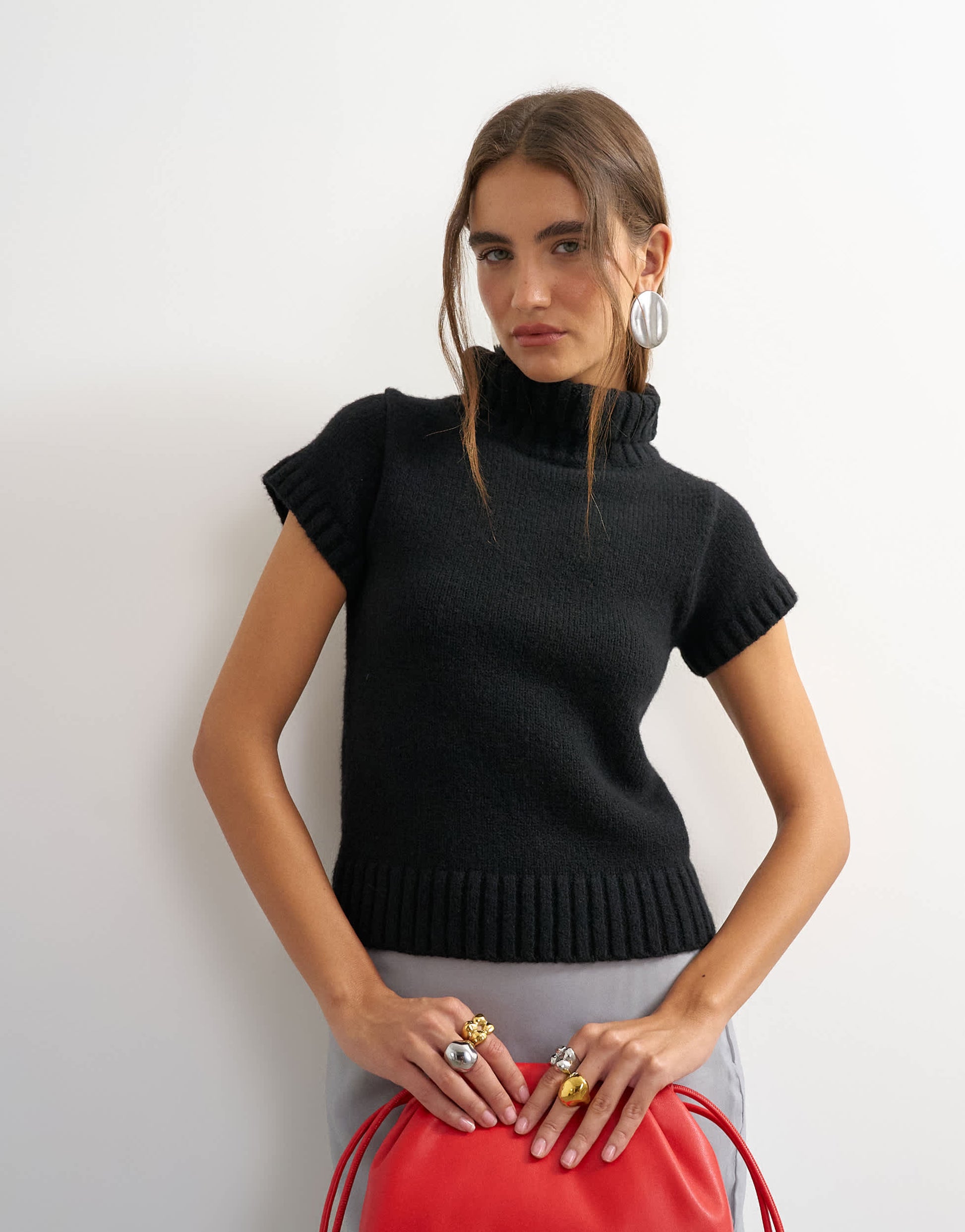 Topshop knitted ribbed funnel neck chunky short sleeve top in black