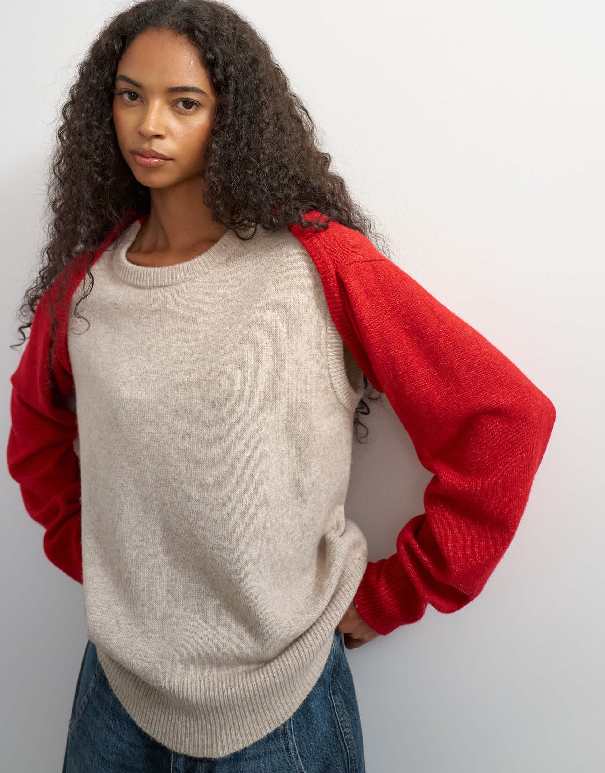 Topshop knitted detachable wrap scarf jumper in neutral and red
