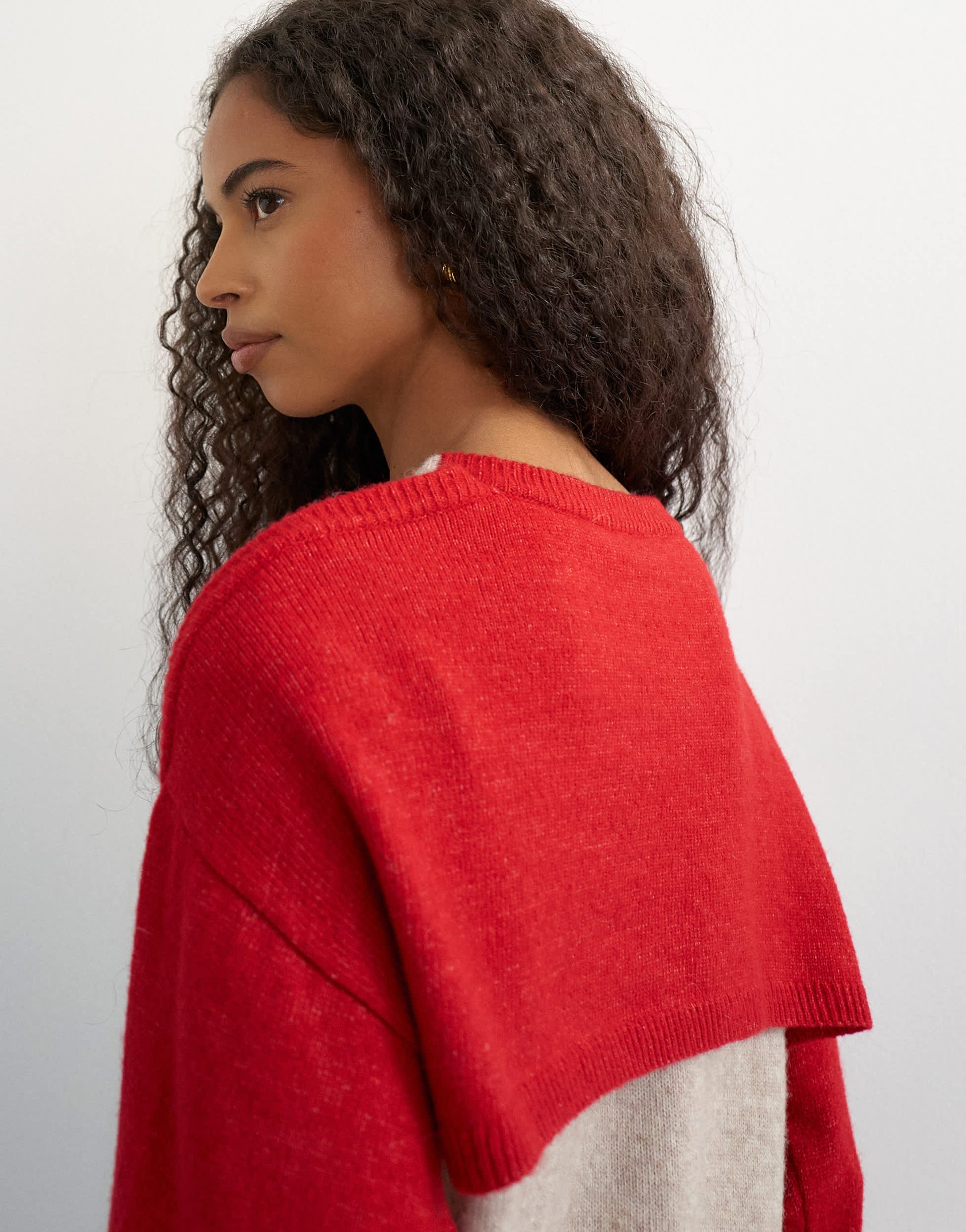 Topshop knitted detachable wrap scarf jumper in neutral and red