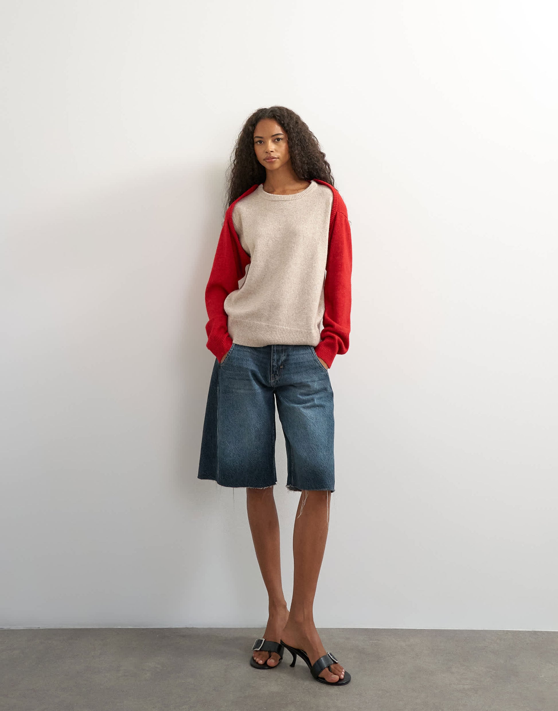 Topshop knitted detachable wrap scarf jumper in neutral and red