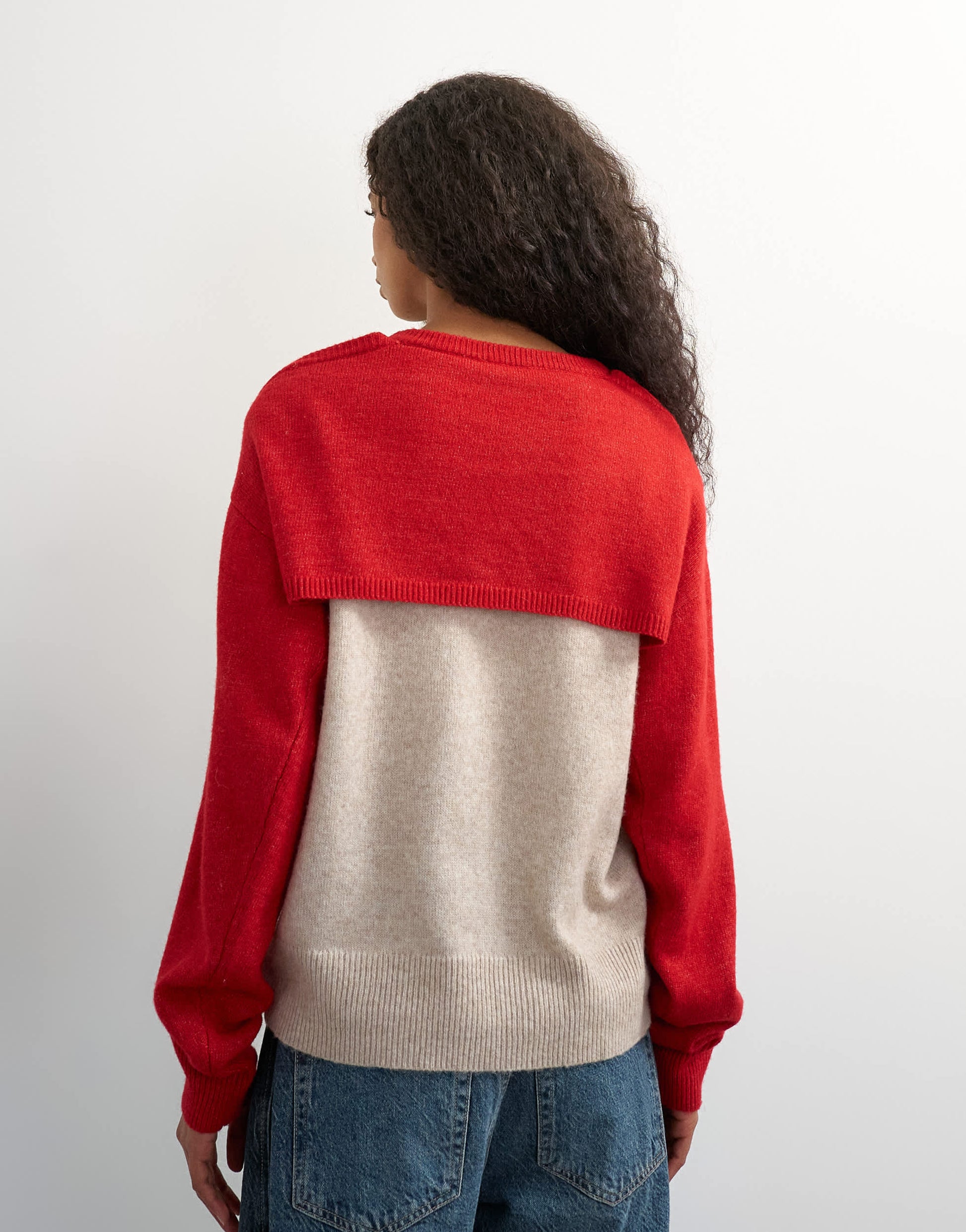 Topshop knitted detachable wrap scarf jumper in neutral and red