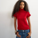Topshop knitted ribbed funnel neck chunky short sleeve top in red