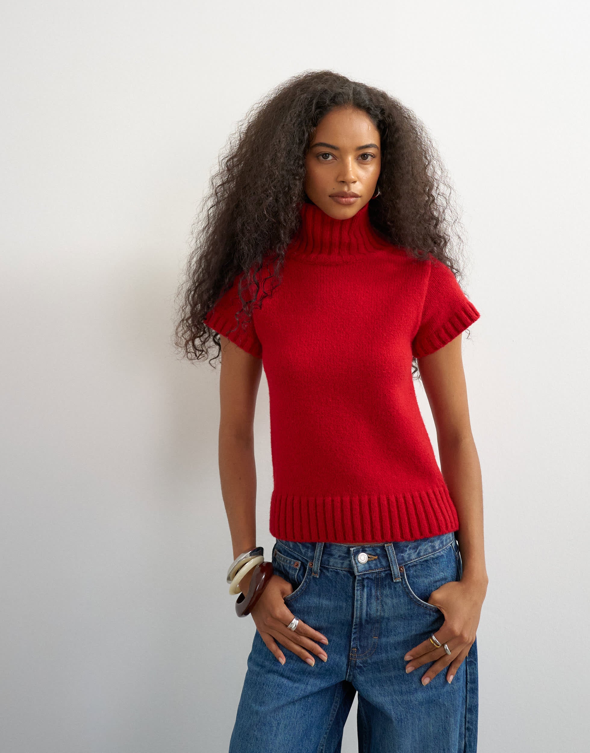 Topshop knitted ribbed funnel neck chunky short sleeve top in red