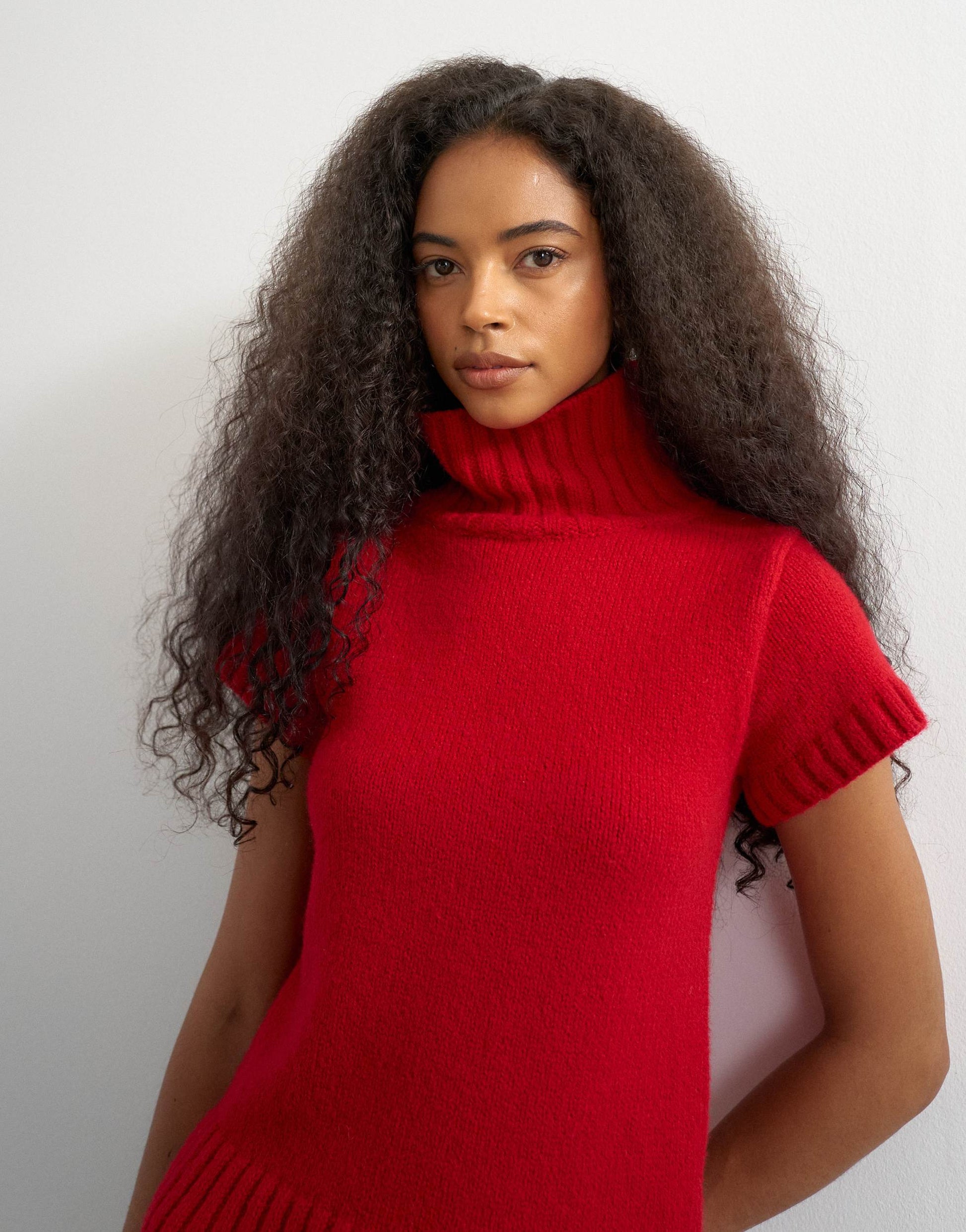 Topshop knitted ribbed funnel neck chunky short sleeve top in red