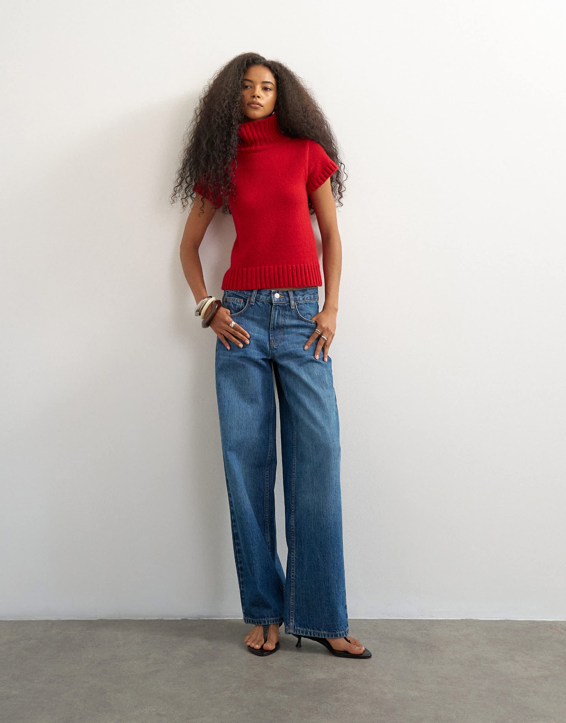 Topshop knitted ribbed funnel neck chunky short sleeve top in red
