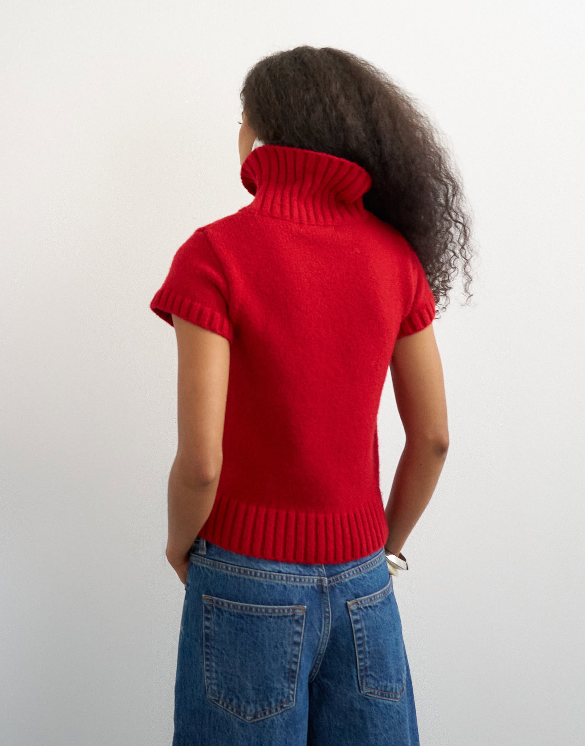 Topshop knitted ribbed funnel neck chunky short sleeve top in red
