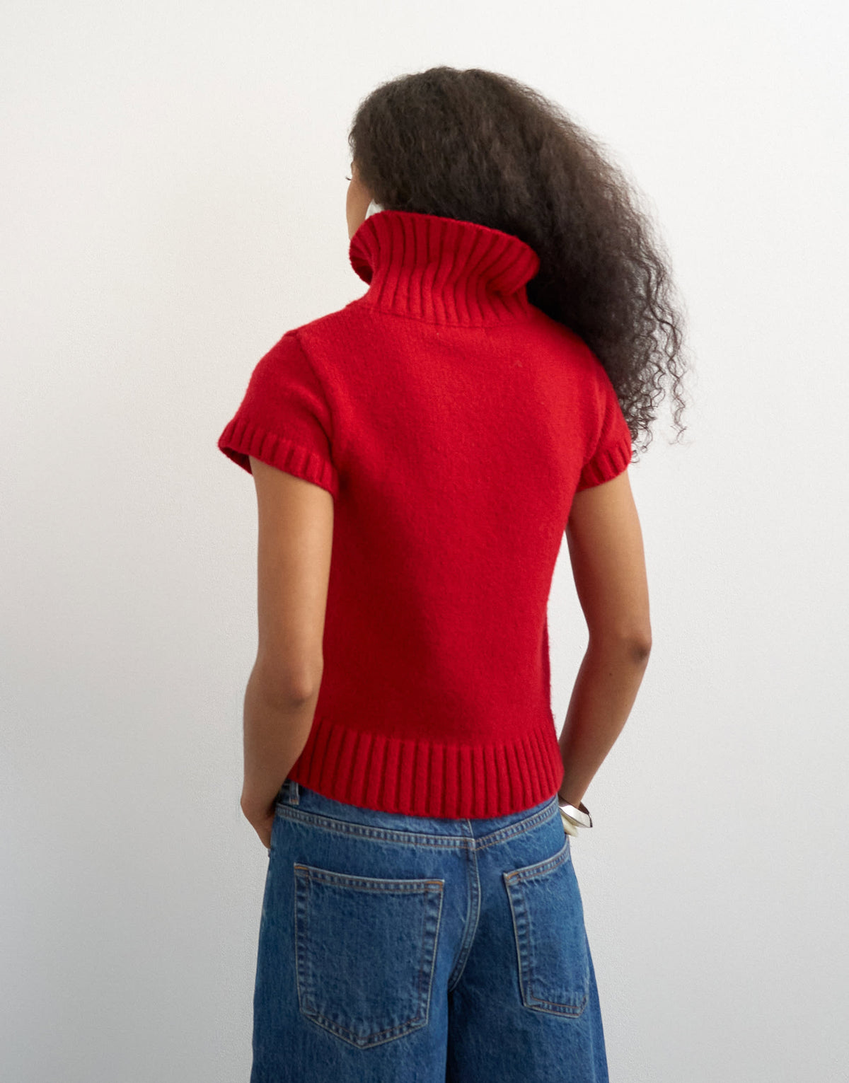 Topshop knitted ribbed funnel neck chunky short sleeve top in red